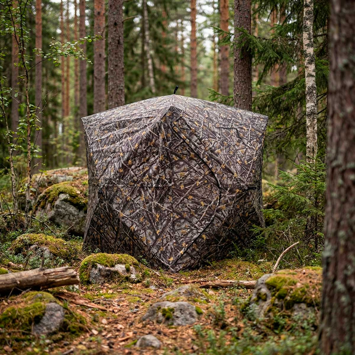 Ein Tarnzelt steht auf dem Waldboden zwischen Bäumen und Moos.