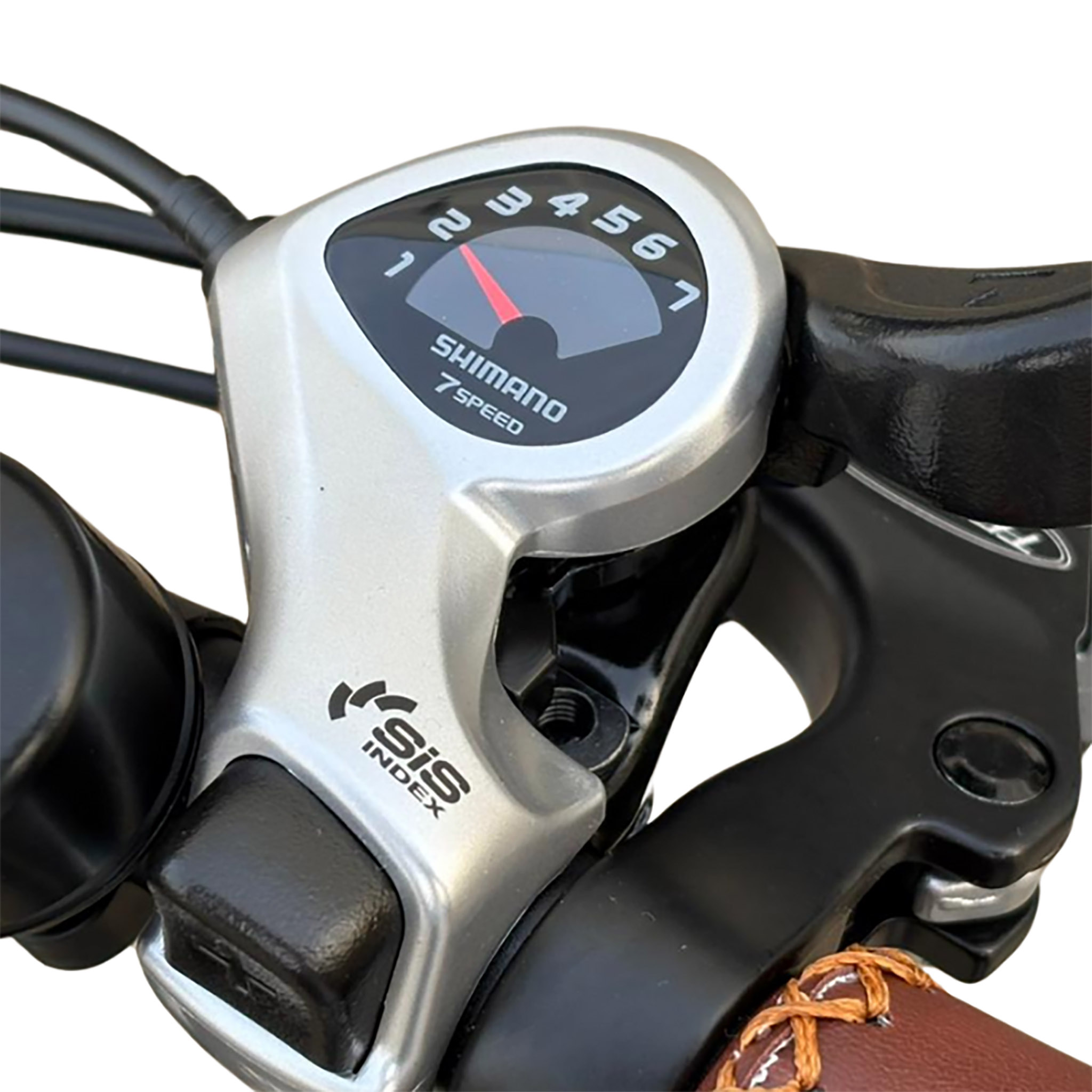 Silberner Fahrradschalthebel mit Nummernanzeige von 1 bis 7.