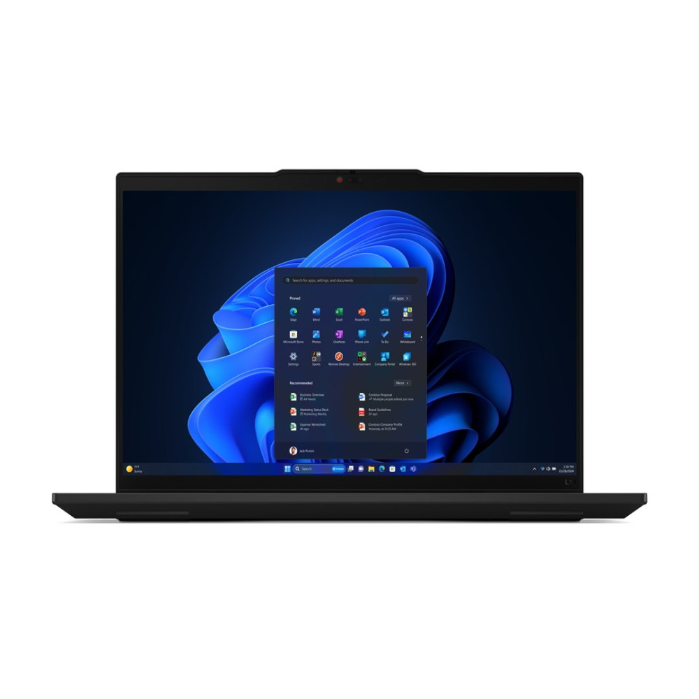 Czarny laptop z otwartym menu Start Windows 11 i niebieską falistą tapetą.