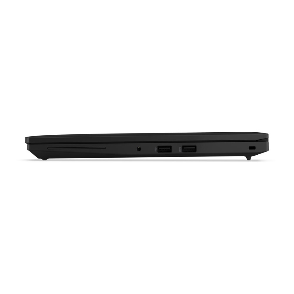 Czarny laptop widziany z boku, z portami USB i gniazdem na kartę SD.