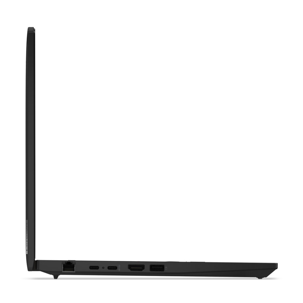 Czarny laptop w profilu pokazujący porty: Ethernet, USB-C, HDMI, USB-A.