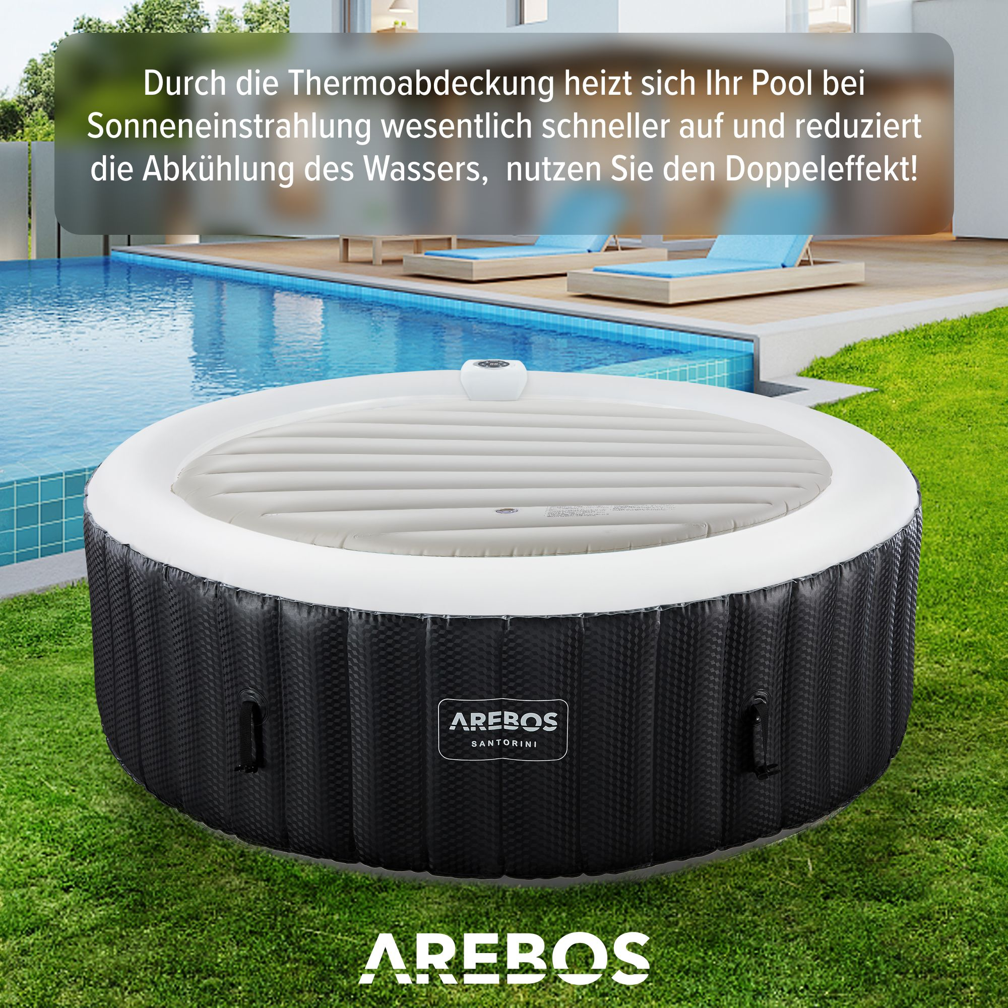 Ein aufblasbarer Whirlpool mit schwarzem gemustertem Sockel und weißer Oberseite steht auf grünem Rasen neben einem blauen Pool.
