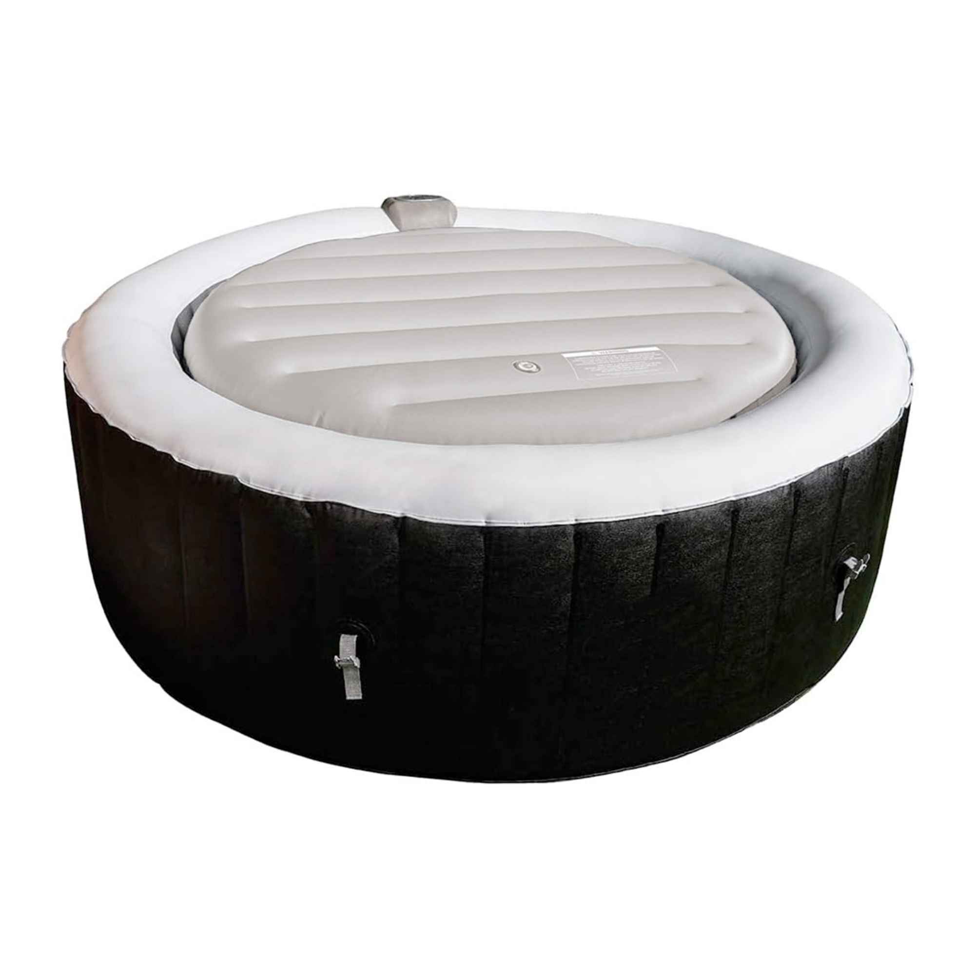 Aufblasbarer Whirlpool mit schwarzem und weißem Körper und einer grauen Abdeckung.