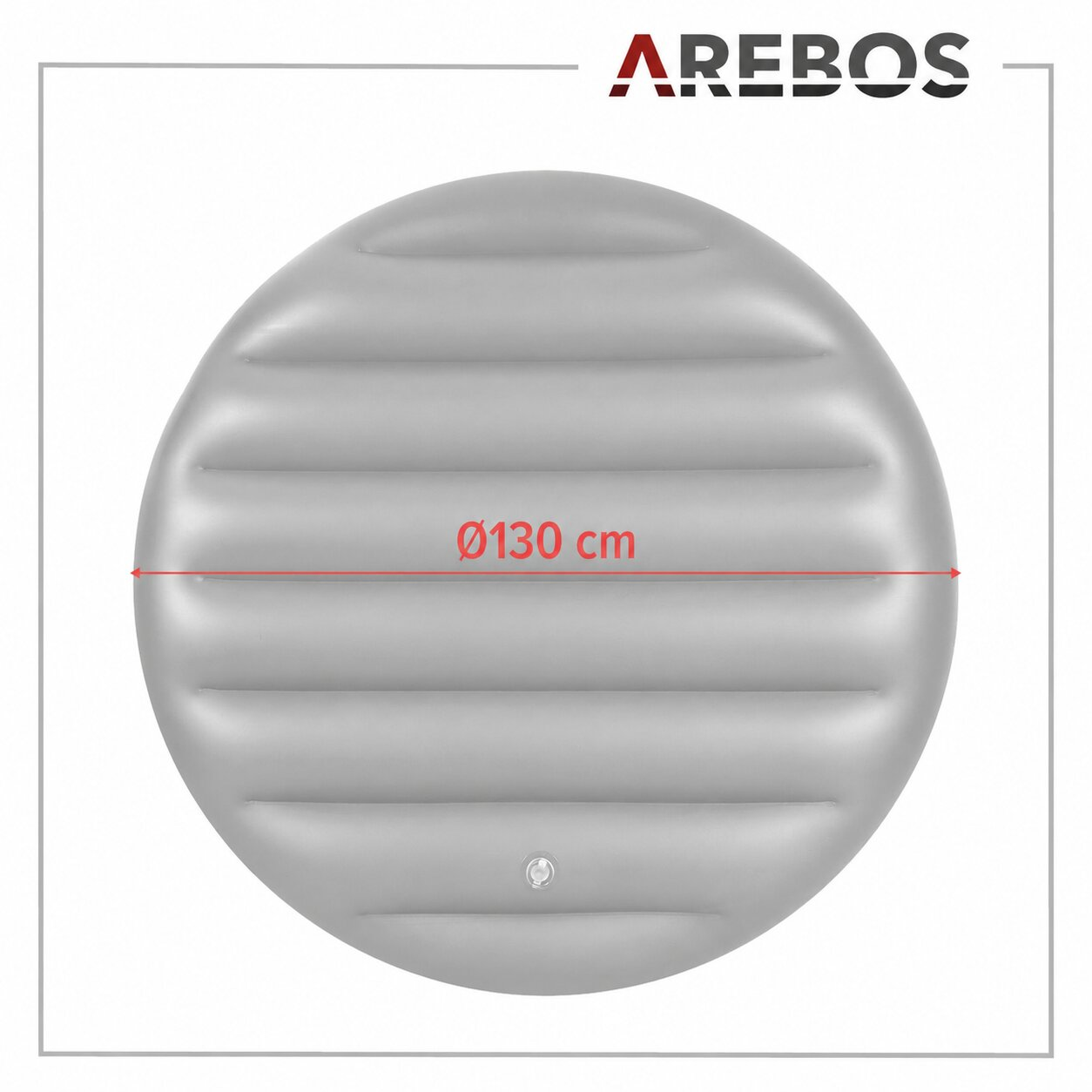 Grauer aufblasbarer Kreis mit Rippen, 130 cm Durchmesser, AREBOS Logo.