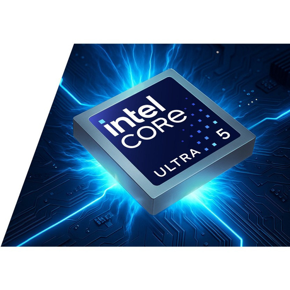 Procesor Intel Core Ultra 5 z niebieskimi smugami światła na płytce drukowanej.