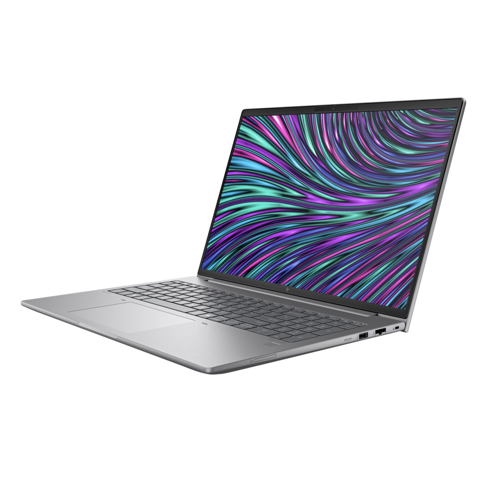 Srebrny laptop z kolorowym, abstrakcyjnym tłem na ekranie.
