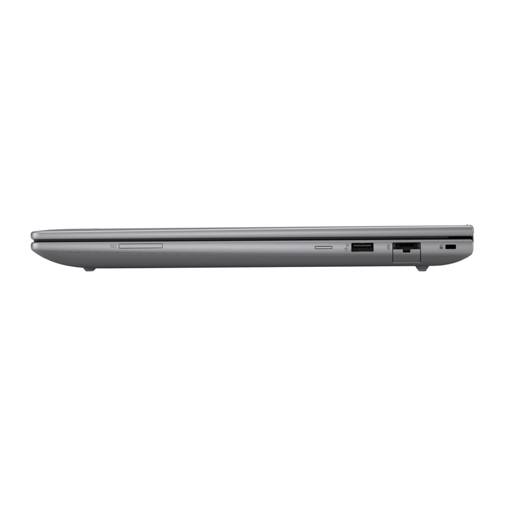 Widok z boku szarego laptopa z gniazdem kart SD i portami USB.