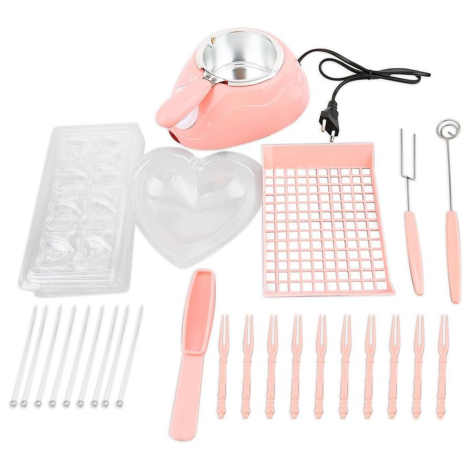 Un set per fontana di cioccolato rosa include vaschette per cubetti di ghiaccio, uno stampo a forma di cuore, forchette e spiedini.