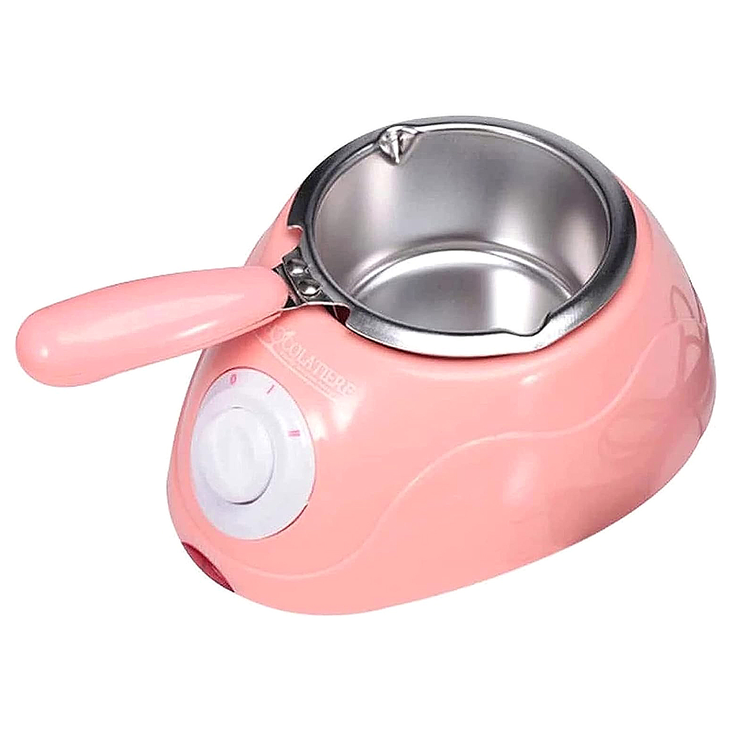 Una fontana di cioccolato rosa con una vasca in metallo e un manico.