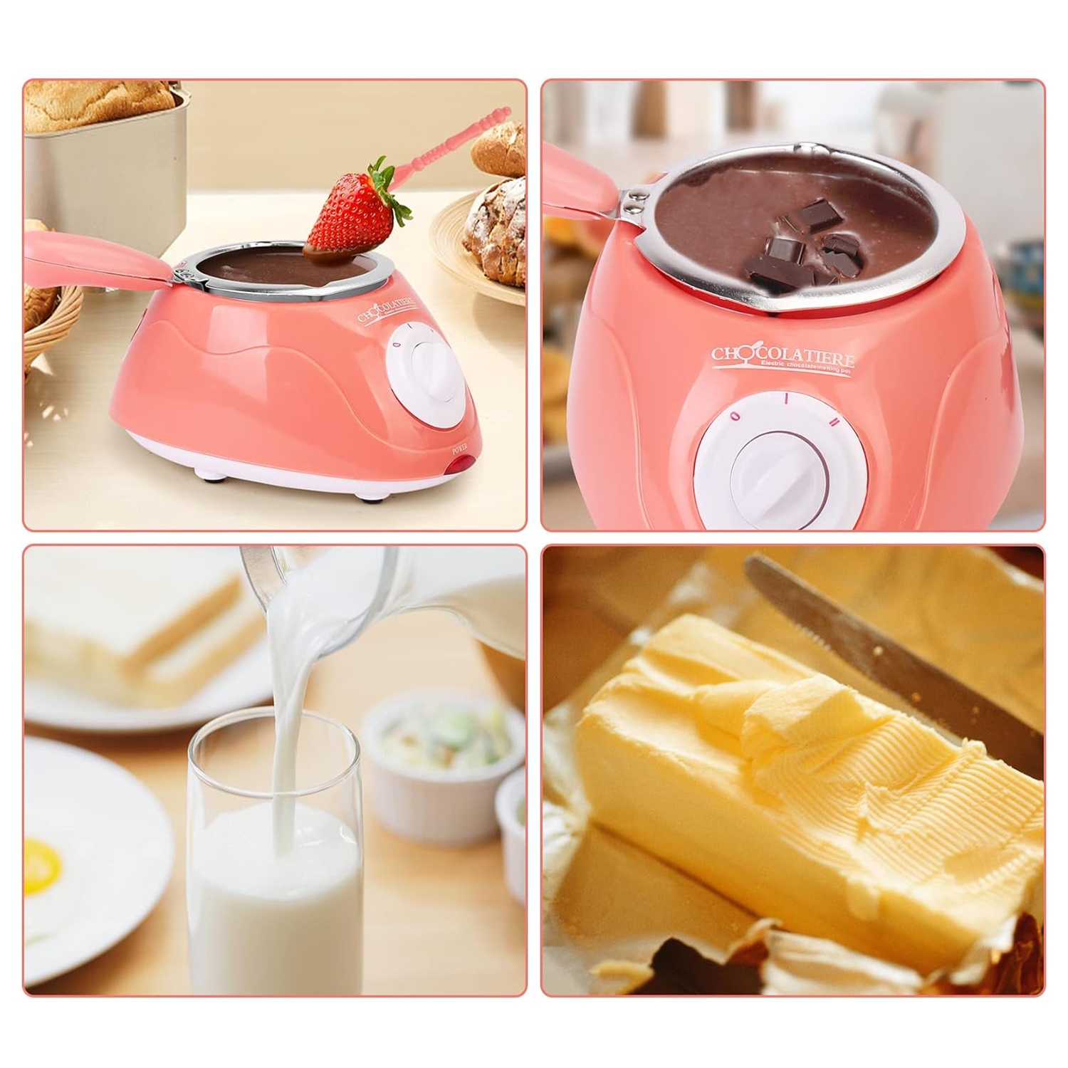 Una fontana di cioccolato con fragola, cioccolato fuso, latte in bicchiere e burro.