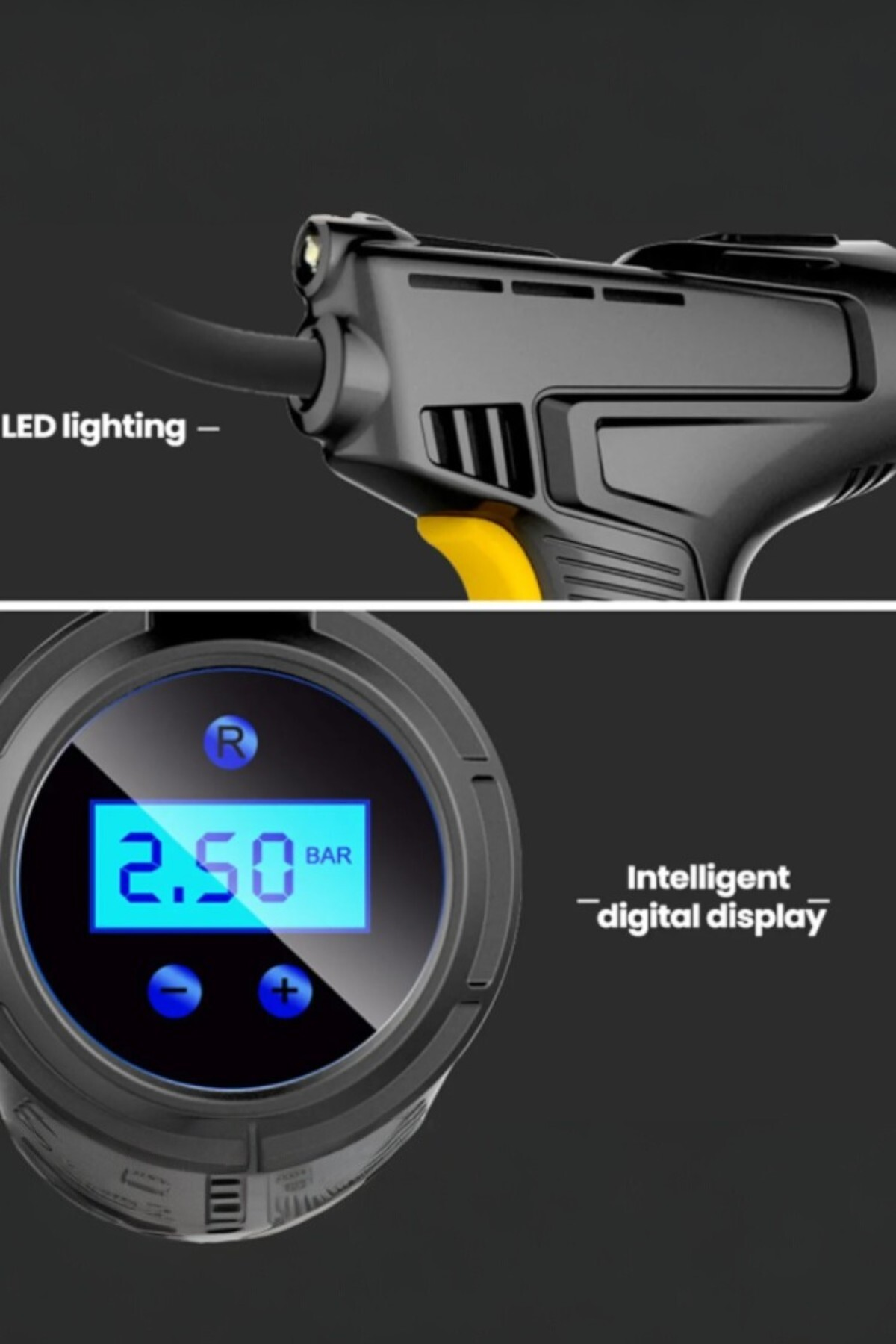 LED ışıklı ve 2,50 BAR gösteren dijital ekranlı siyah lastik şişirme.