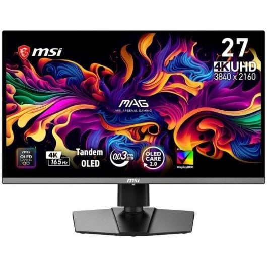 Canlı, renkli soyut tasarıma ve oyun özelliklerine sahip 27 inç MSI 4K UHD monitör.
