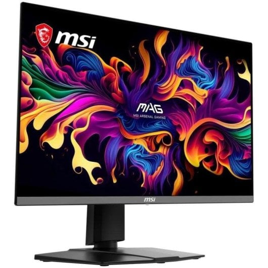 MSI monitör, MSI logosuyla canlı, soyut renkli sanat sergiliyor.