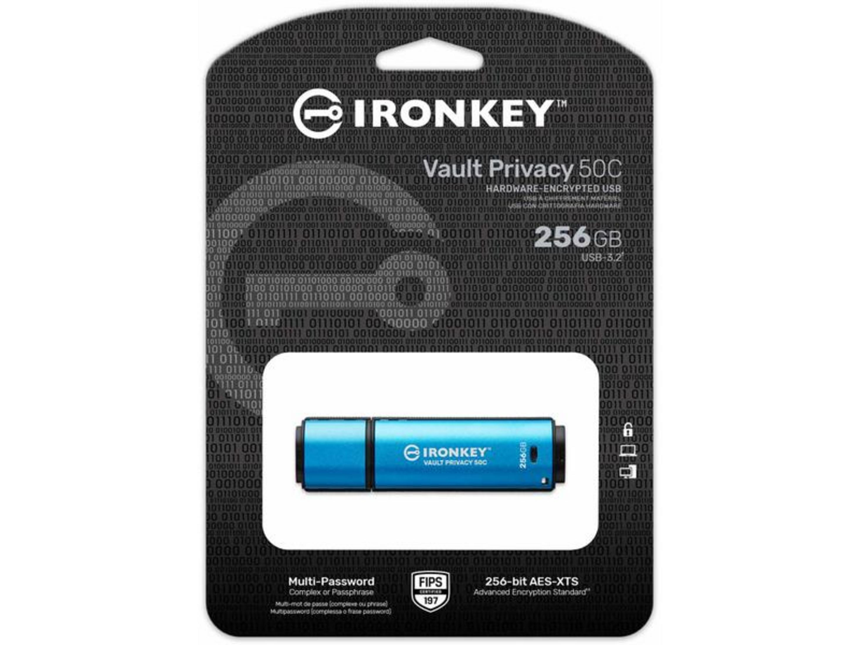 Unità USB blu IronKey Vault Privacy 50C, 256 GB, su sfondo nero con codice binario.