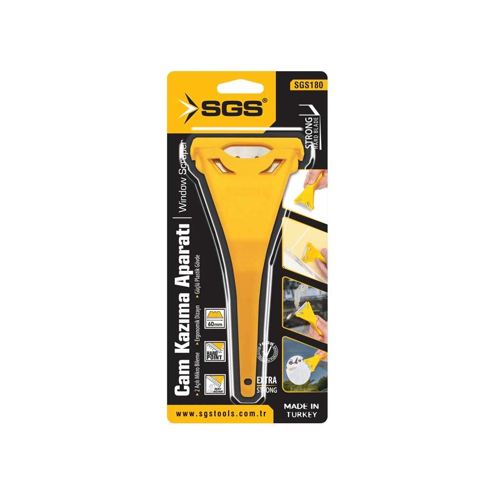 SGS180 ve SGS logolu sarı cam kazıma aparatı.