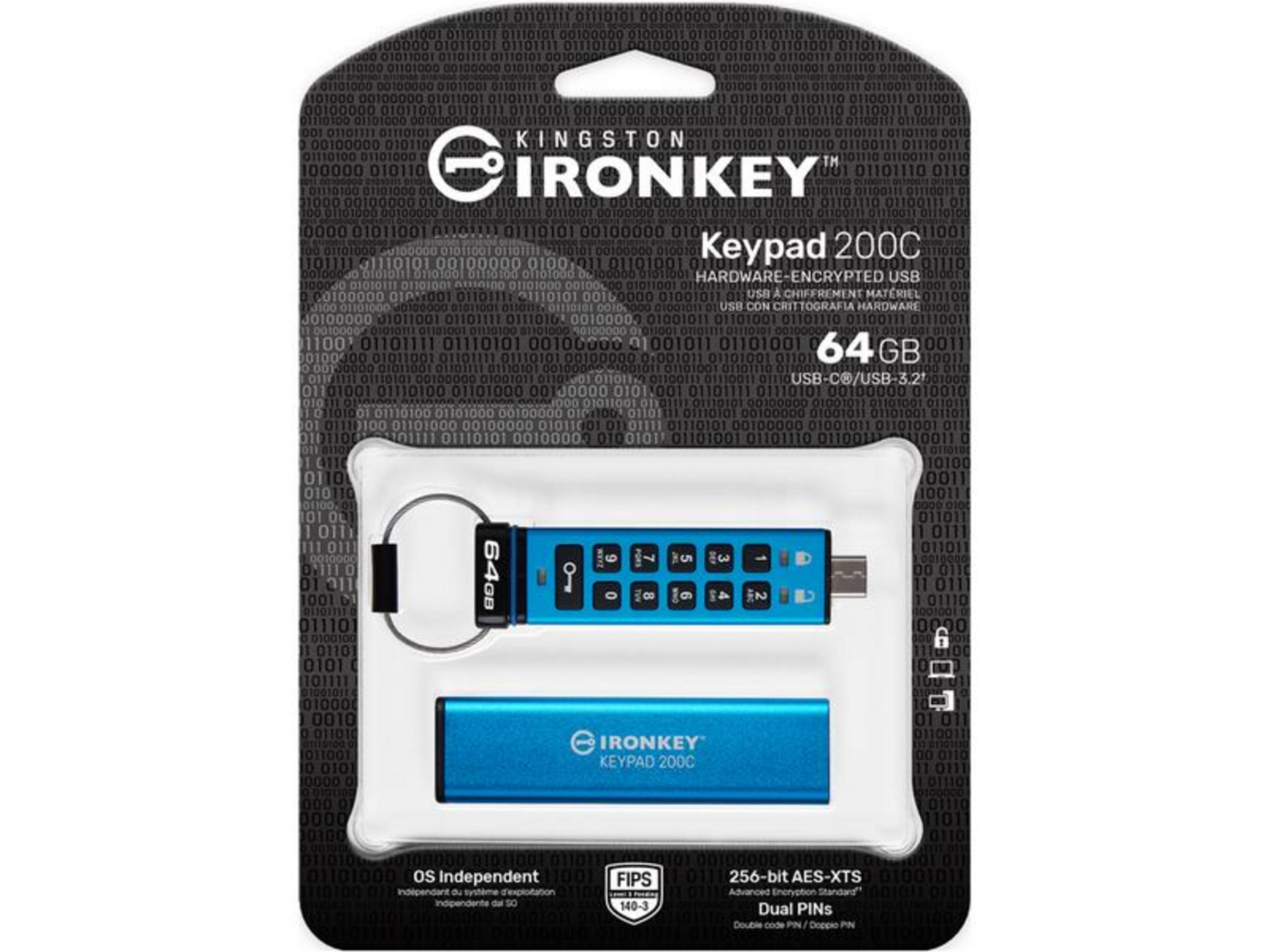 Blauer USB-Stick mit Tastatur, 64 GB, und Schutzhülle. Marke IronKey.