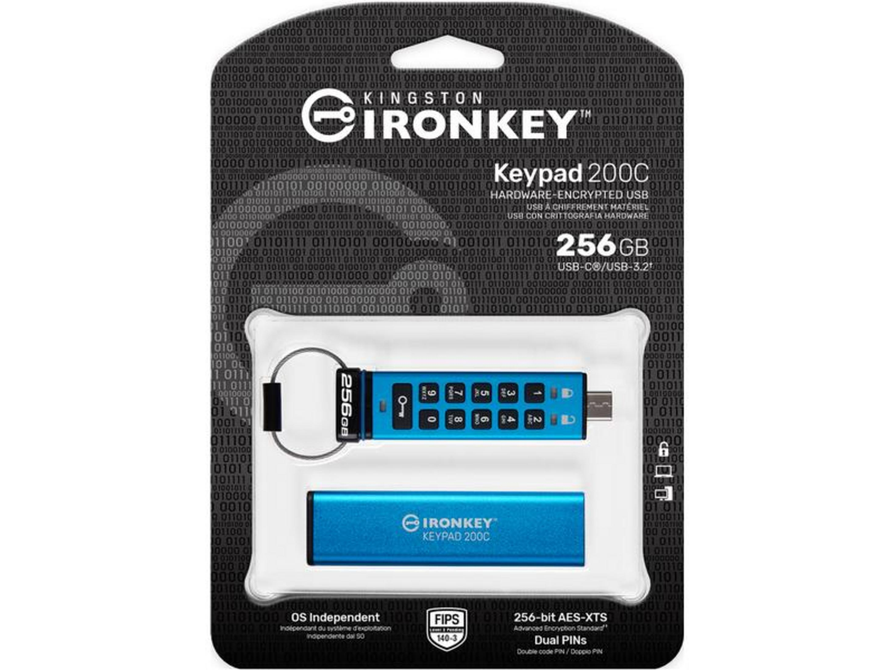 Ein blauer Kingston Ironkey Keypad 200C USB-Stick mit Tastatur und 256 GB Speicher.