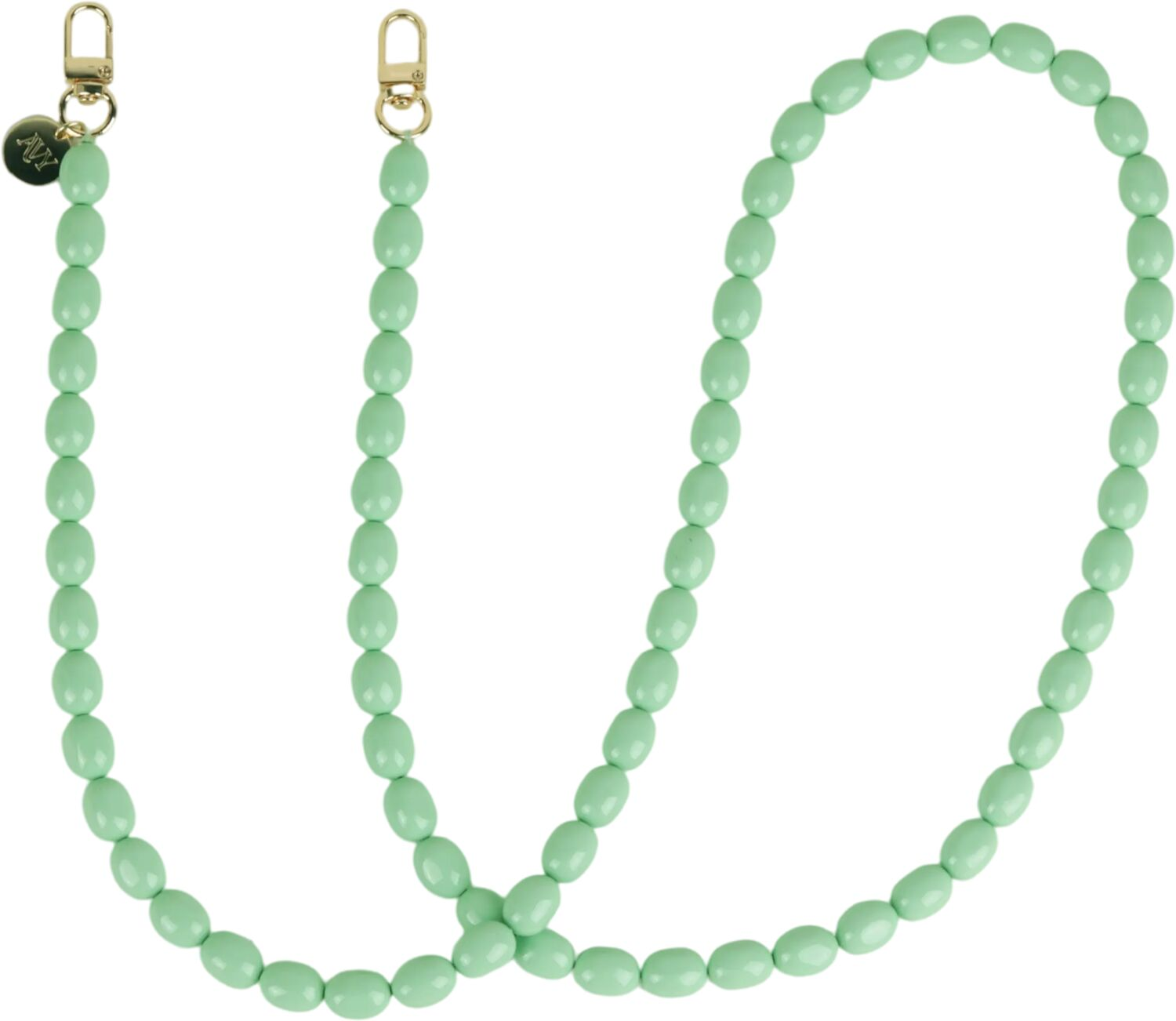 Licht mintgroene kralenketting met gouden clips en een bedel.