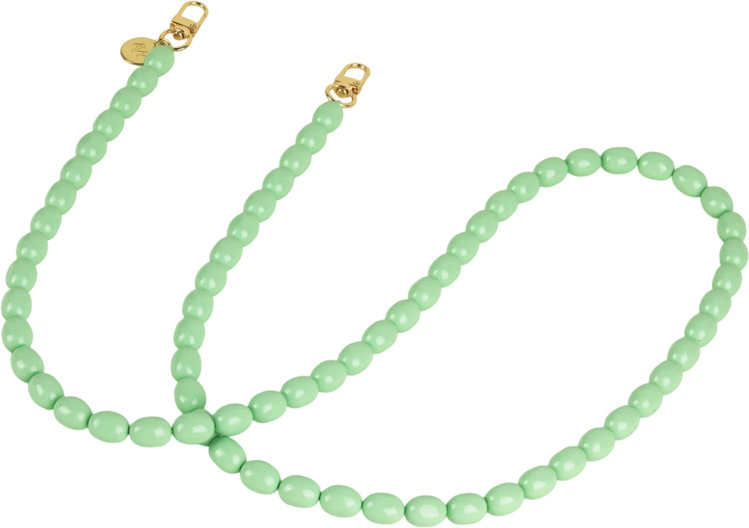 Lichtgroene kralenketting met gouden sluitingen en een ronde bedel.