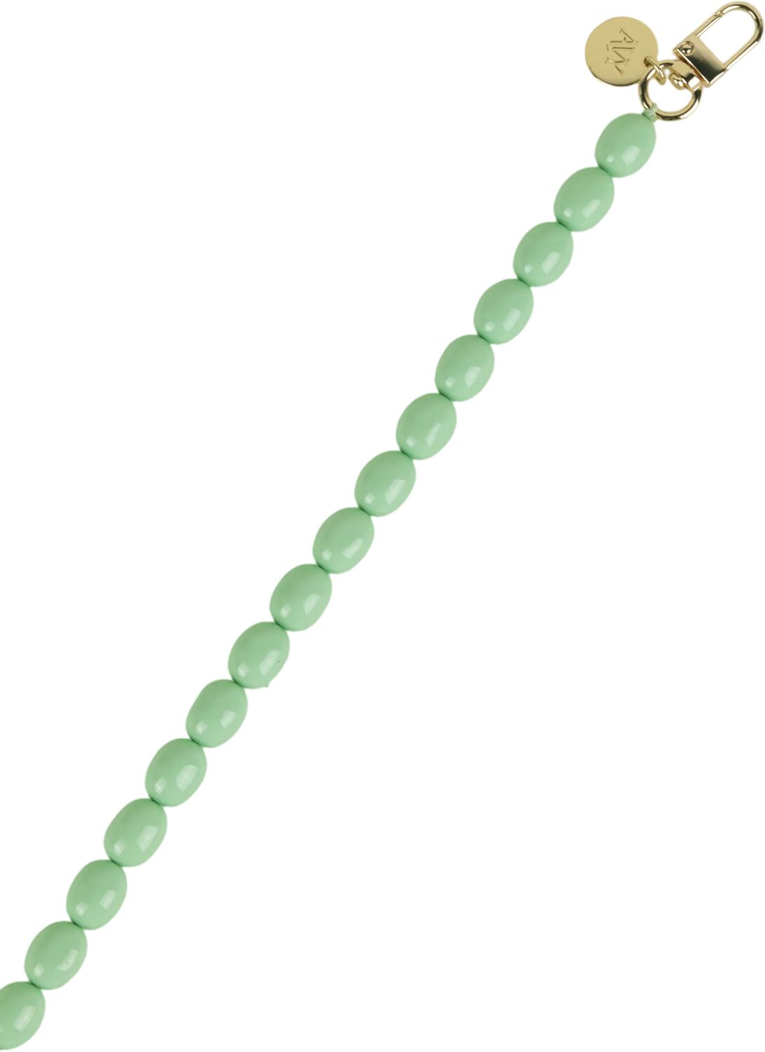Een lichtgroene kralenketting met een gouden sluiting en bedel.