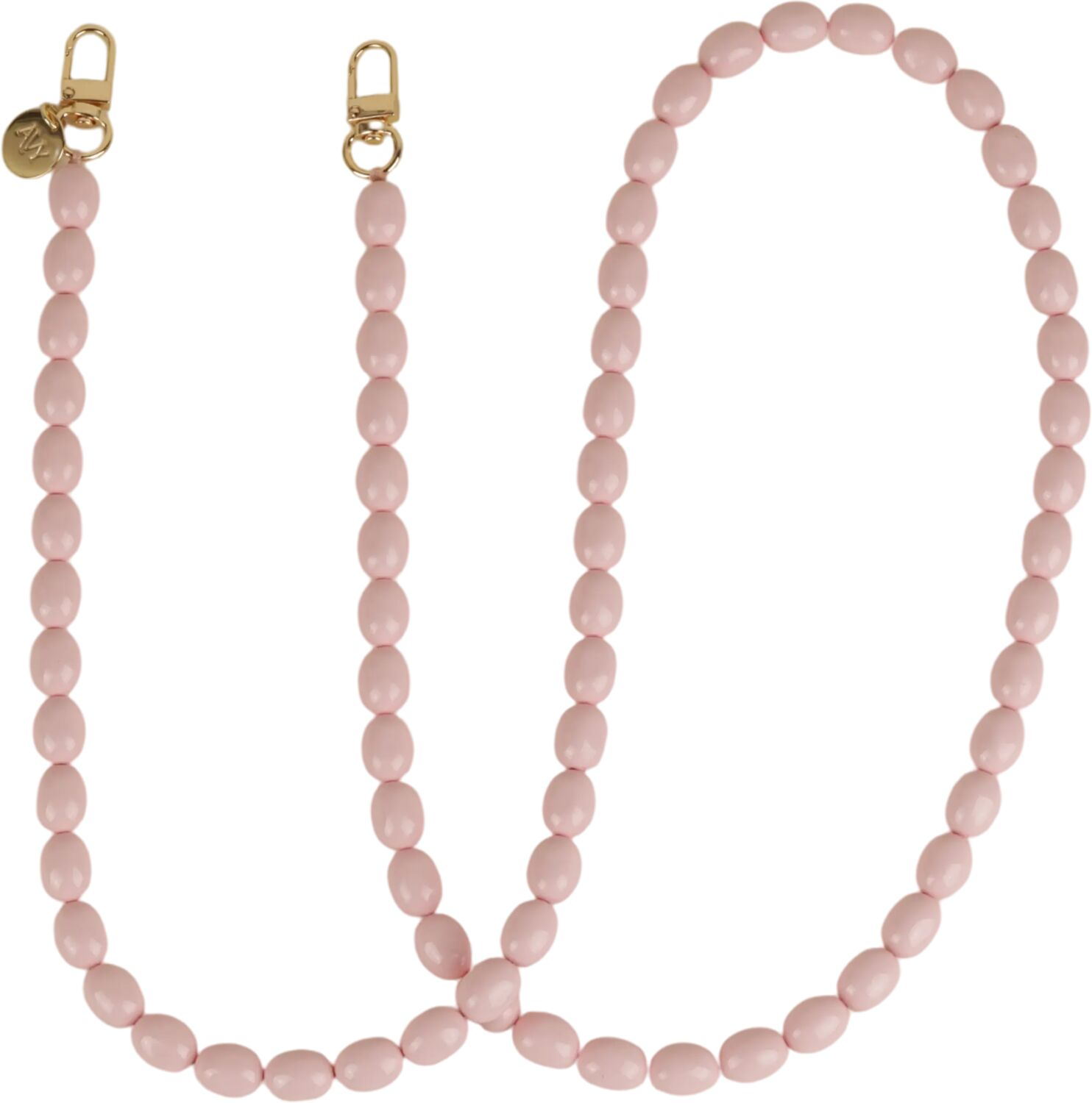 Een delicate, lichtroze kralenketting met twee goudkleurige sluitingen.