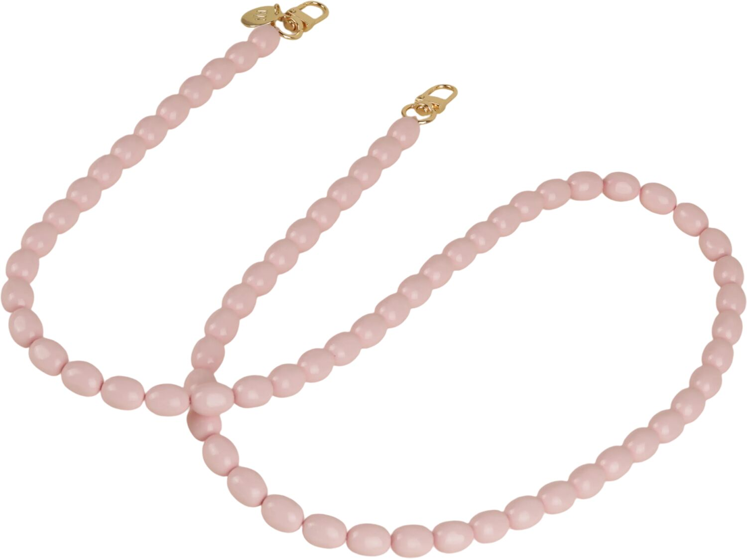 Een lichtroze kralenketting met gouden sluitingen op witte achtergrond.