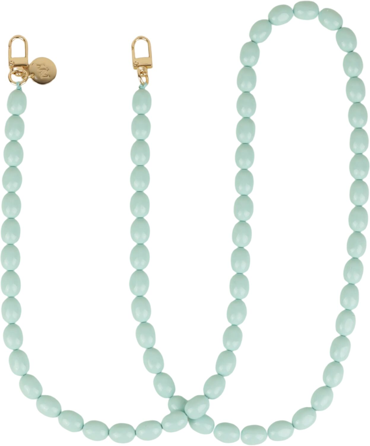 Lichtgroene parelketting met gouden clips en bedeltje.