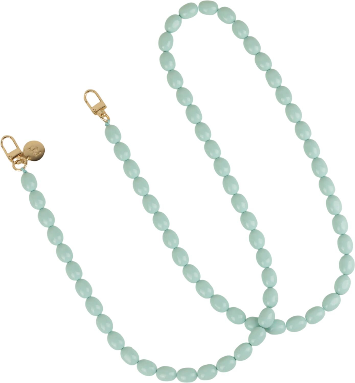 Lichtgroene ovale kralenketting met gouden karabijnsluitingen.