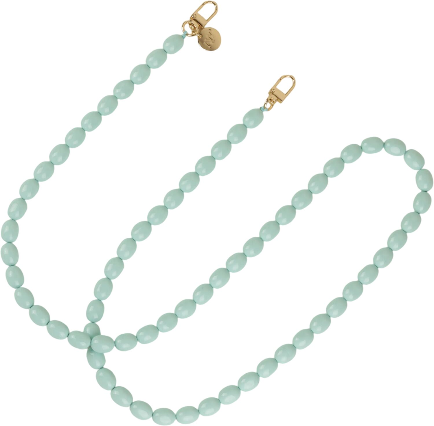 Ketting van mintgroene ovale kralen met gouden sluitingen en bedel.