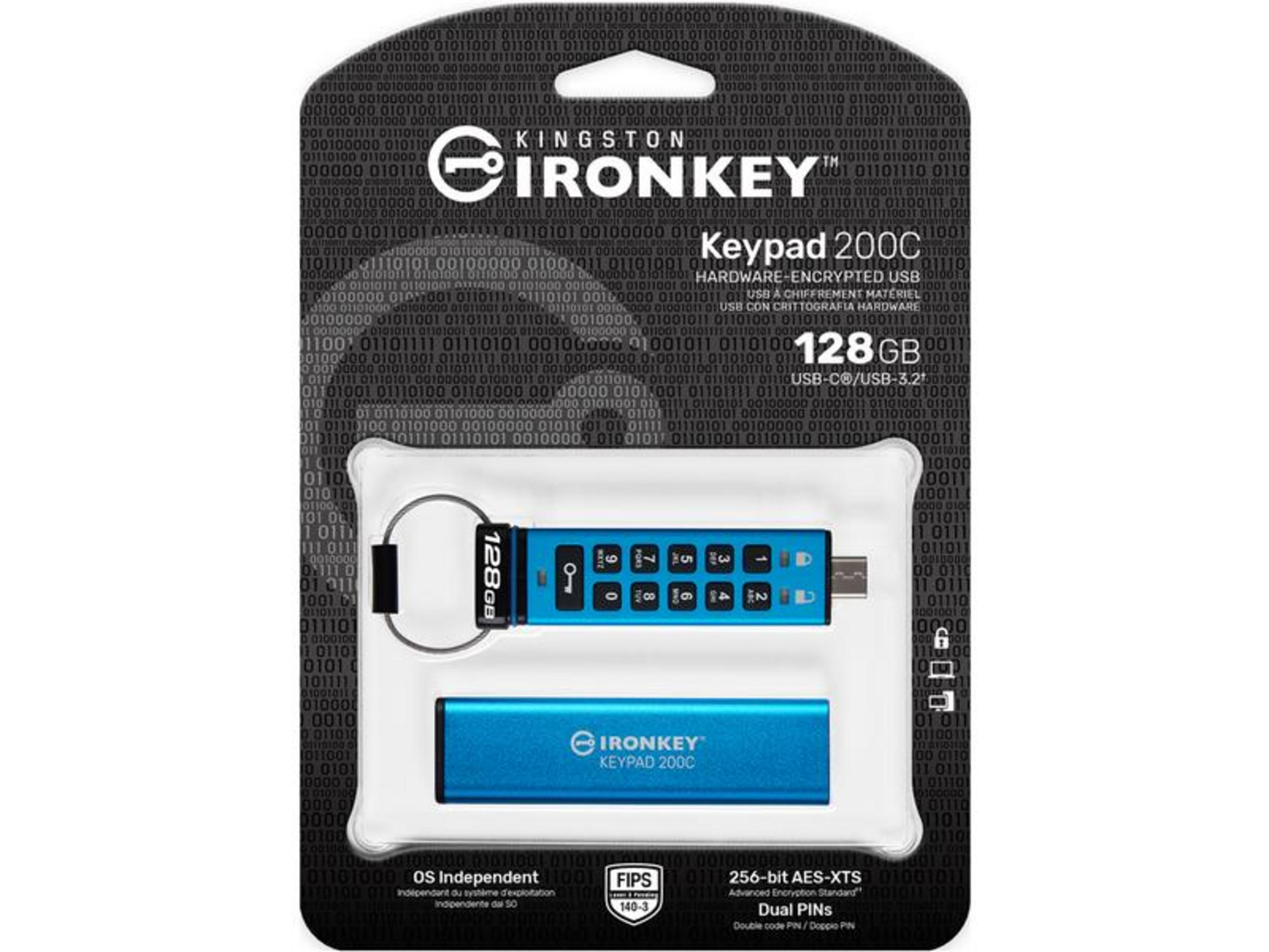 Blauer Kingston IronKey Keypad 200C USB-Stick mit Zifferntastatur und 128GB.