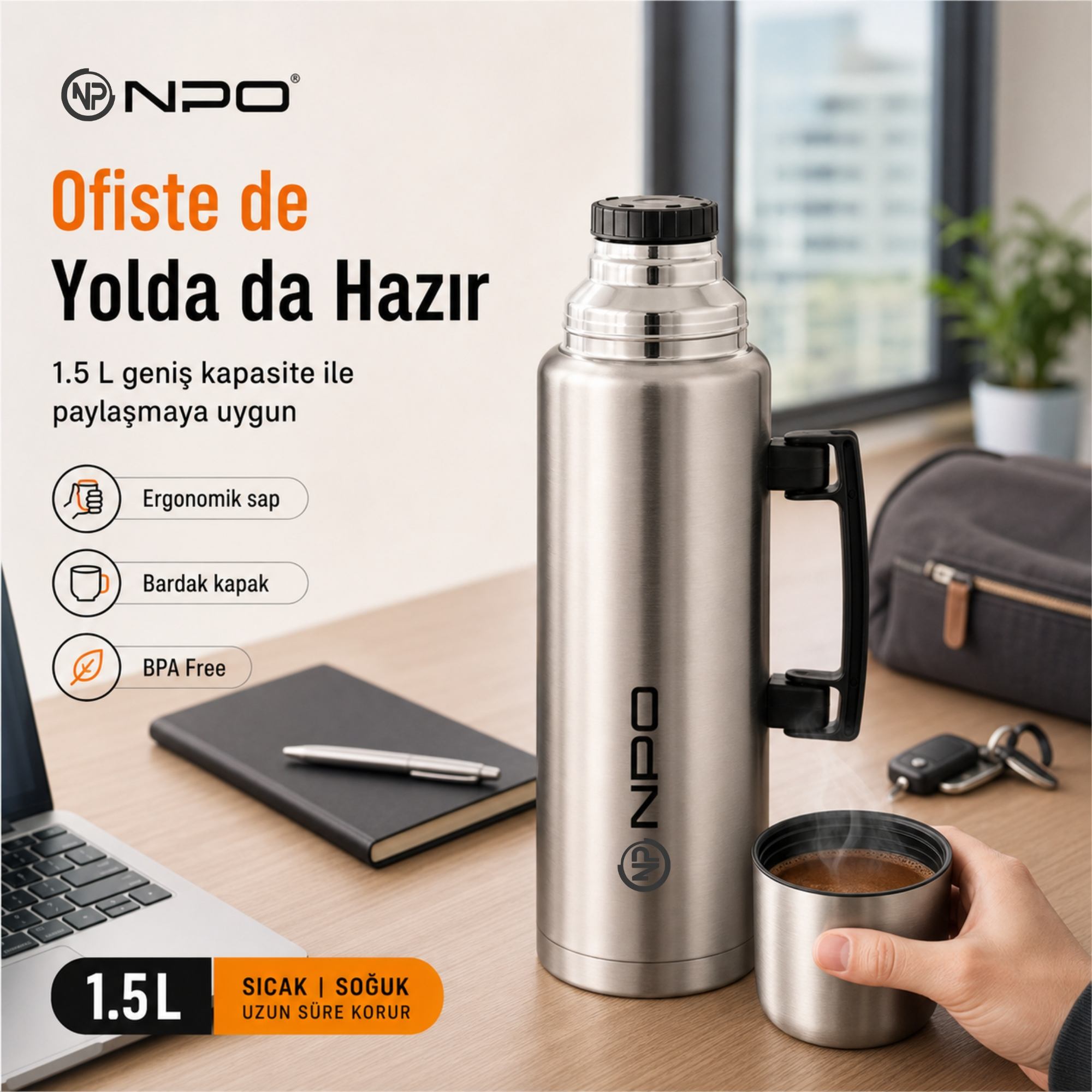 Saplı, fincanlı, laptop, defter ve anahtarlı paslanmaz çelik termos ahşap masada.