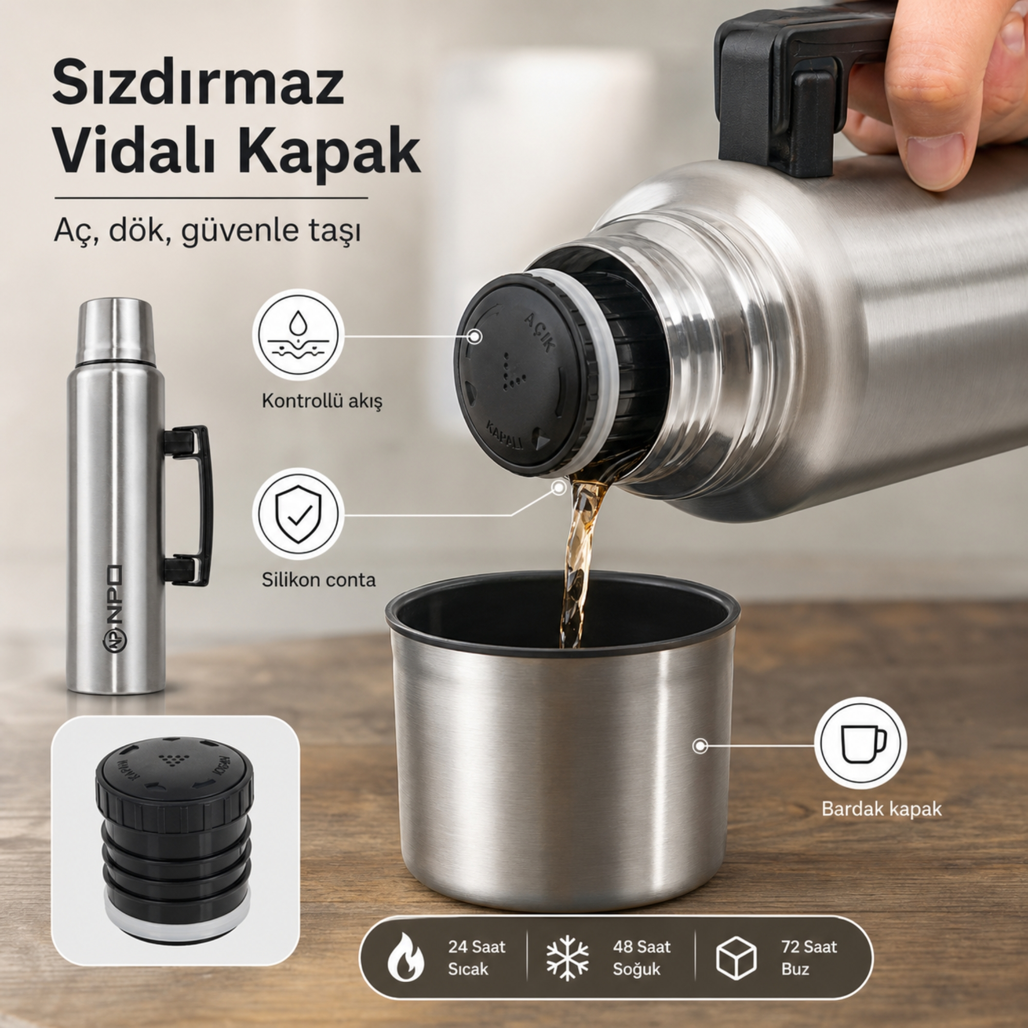 Gümüş termos bardağa sıvı döküyor. Kapaklı ve kulplu. Detaylar fonksiyonları gösterir.