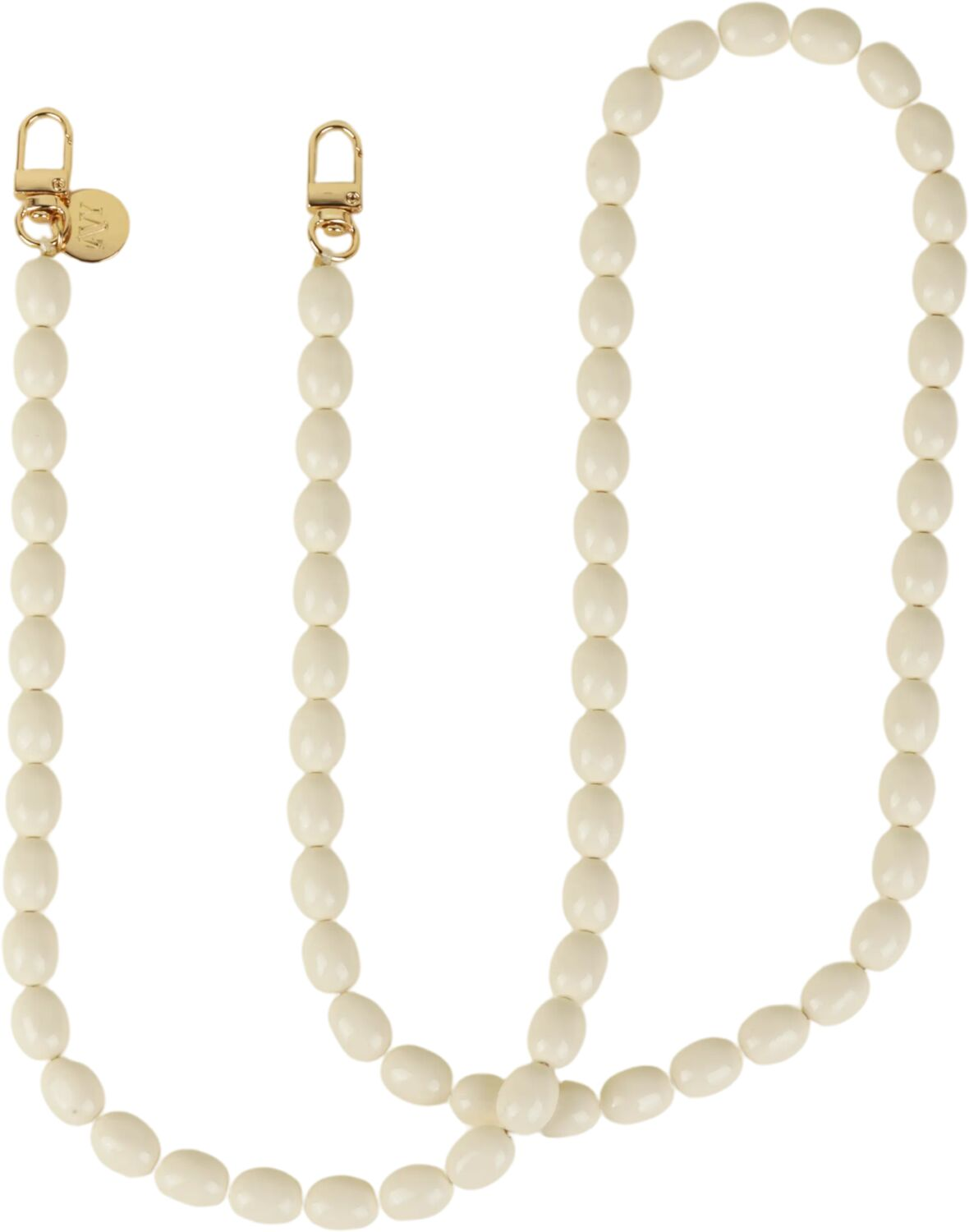 Een ketting van crèmekleurige ovale kralen met gouden sluitingen.