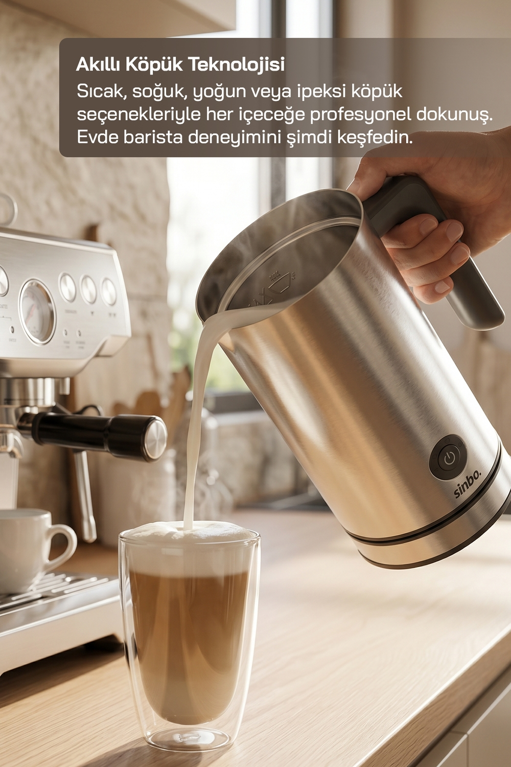 Bir el, gümüş sürahiden latte art'lı bir bardağa köpürtülmüş süt döküyor.