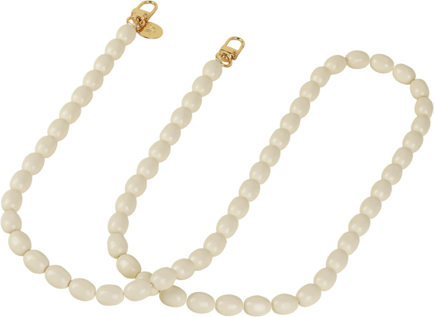 Een parelketting met ovale, crèmekleurige parels en gouden sluitingen.