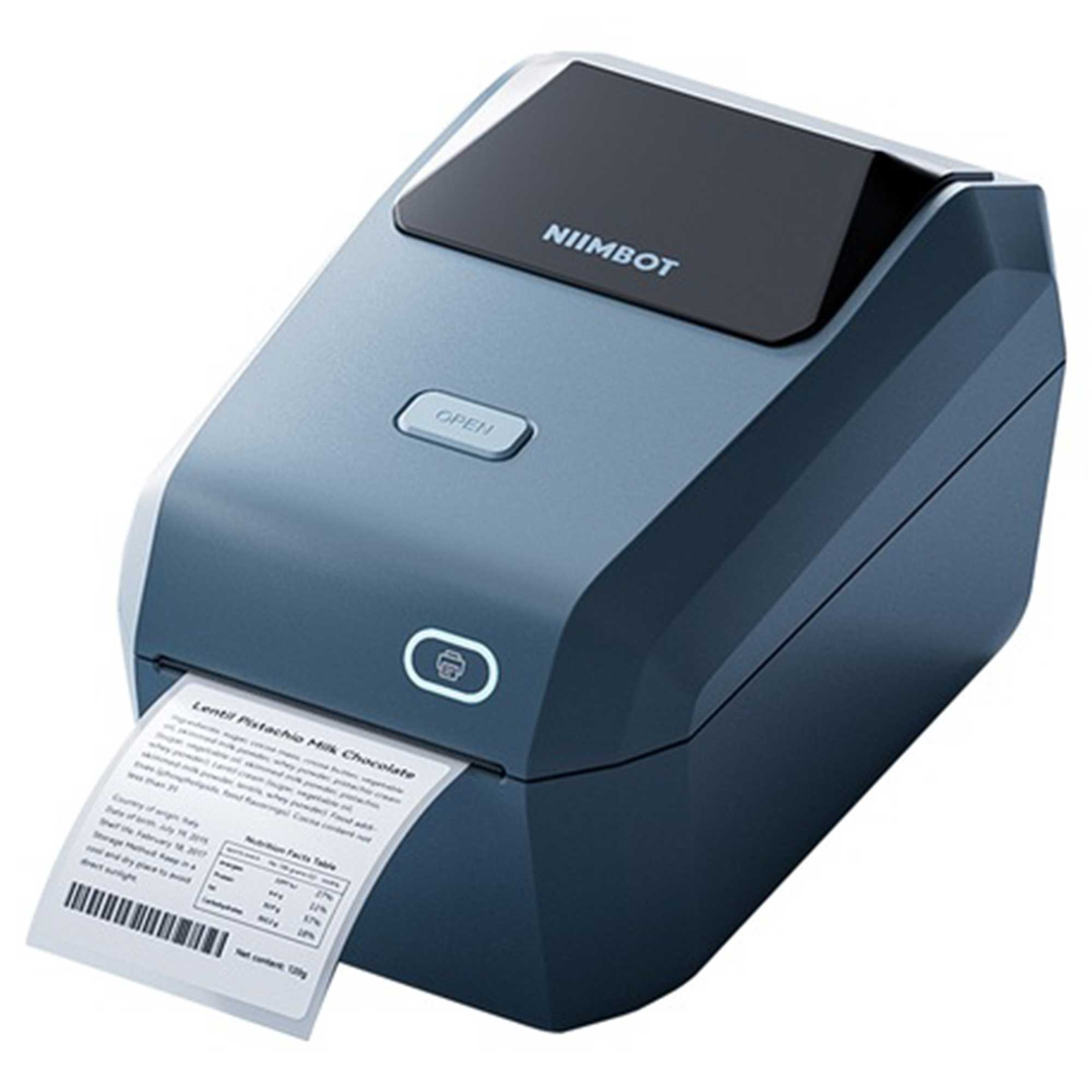 Una stampante per etichette Niimbot blu con un'etichetta stampata che emerge.