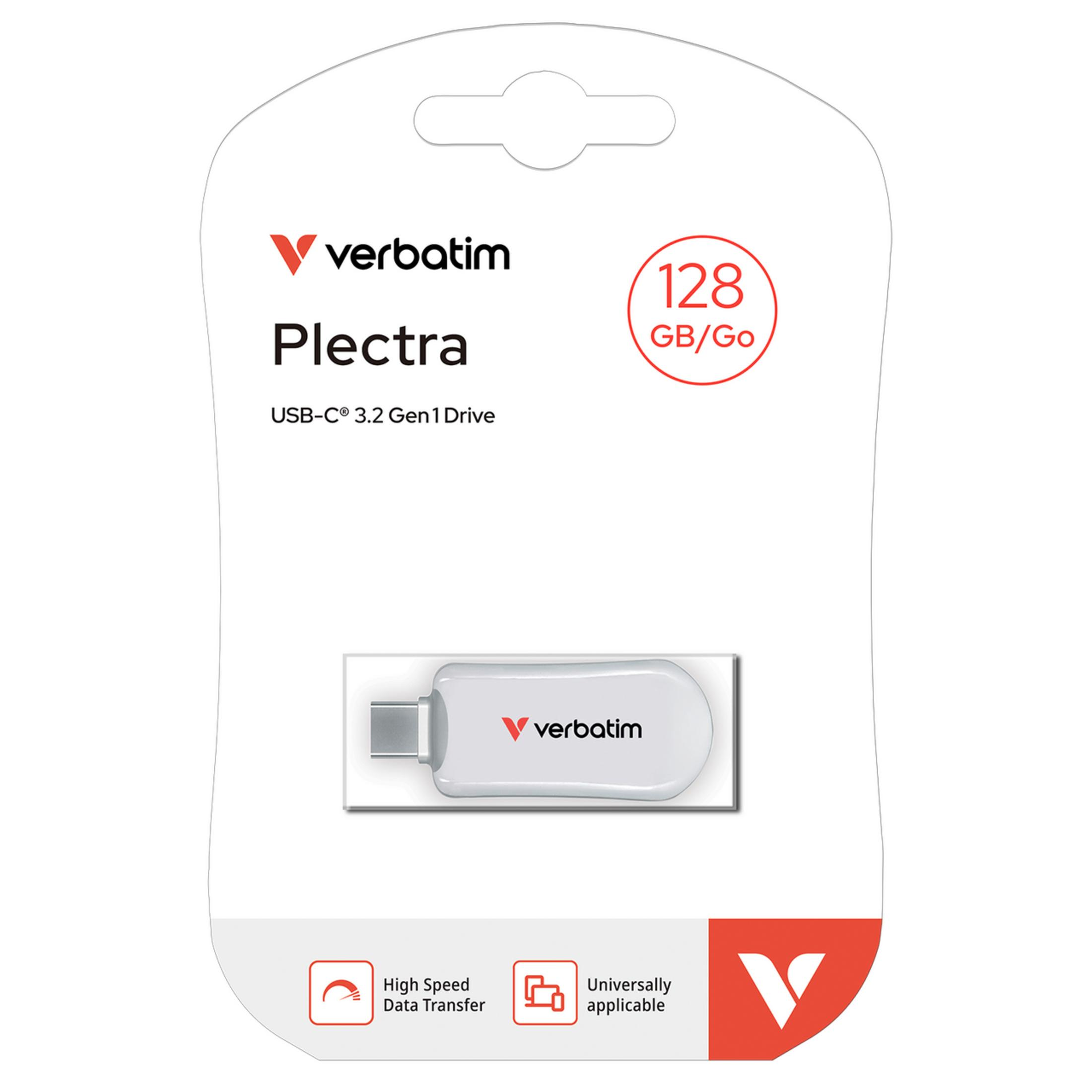 Verbatim Plectra 128GB USB-C 3.2 Gen1 Drive in confezione. Trasferimento dati ad alta velocità.