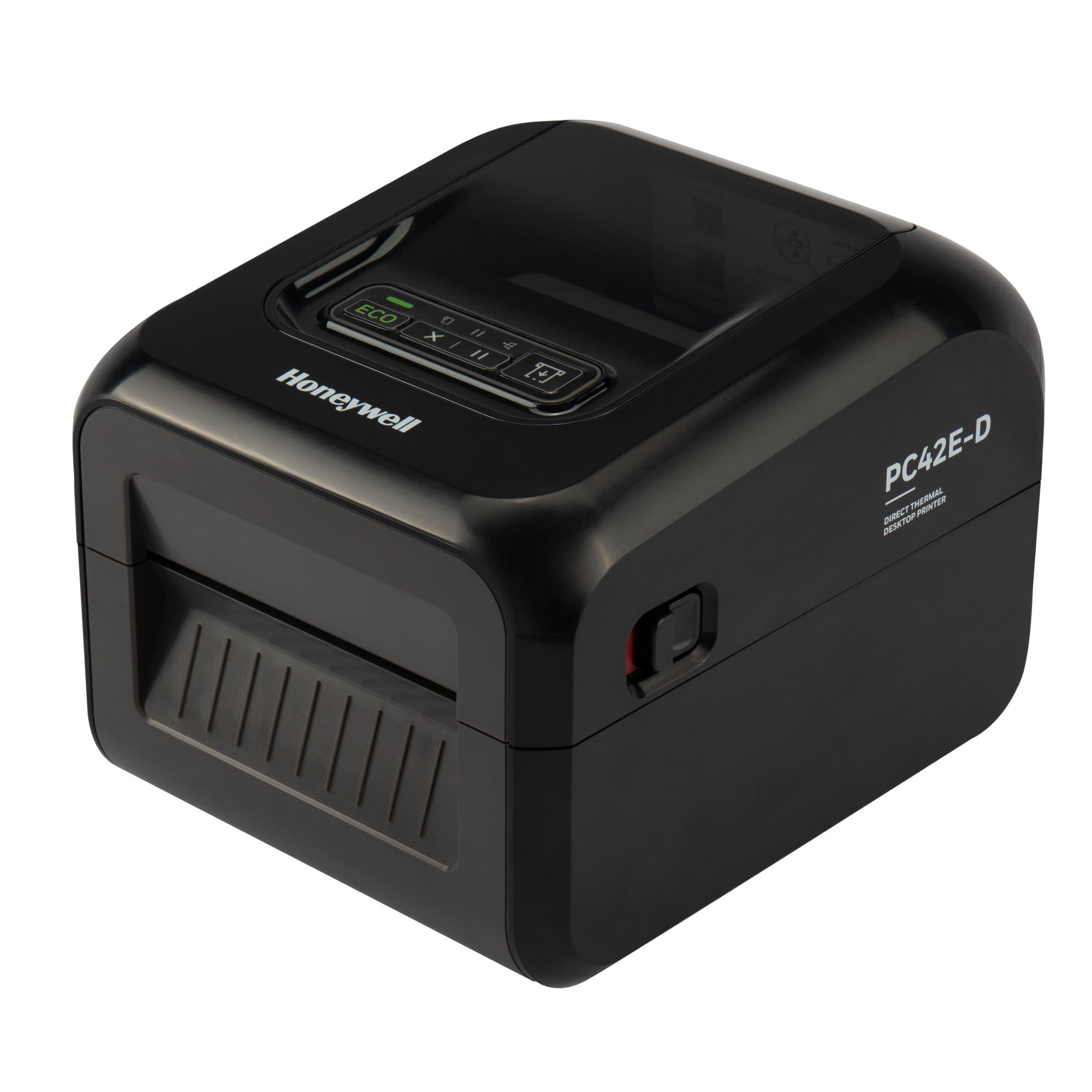 ECO düğmeli ve durum göstergeli siyah Honeywell PC42e-D masaüstü yazıcı.