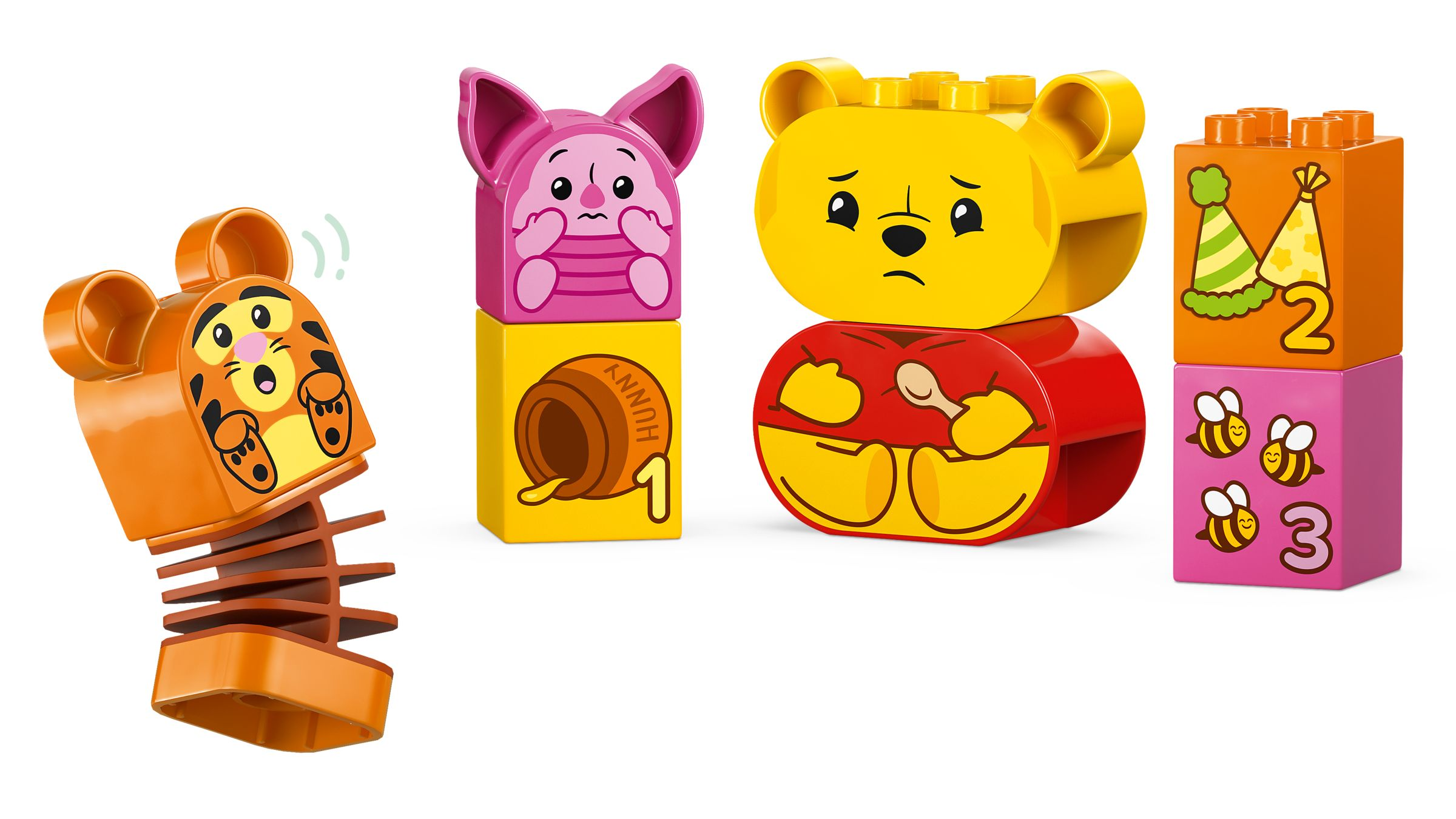 Winnie Puuh LEGO Duplo Bausteine: Tigger, Ferkel, Puuh und nummerierte Blöcke.