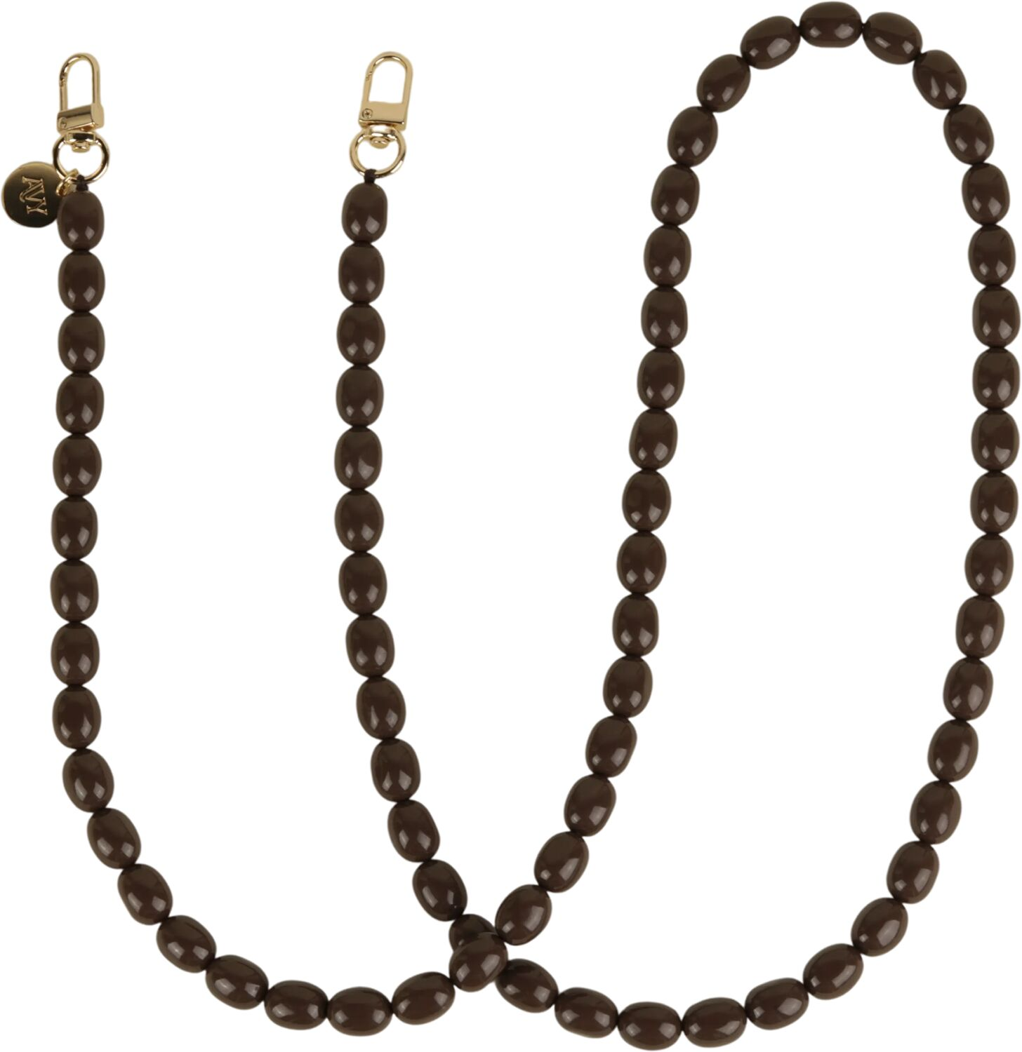 Donkerbruine ovale kralenketting met gouden sluitingen en een bedeltje.