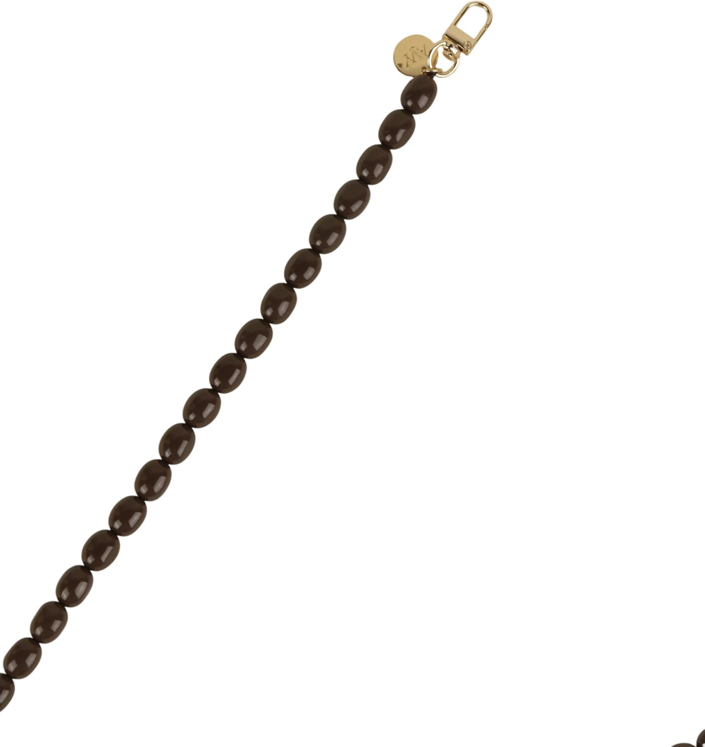 Donkerbruine ovale kralenketting met gouden sluiting en bedel.