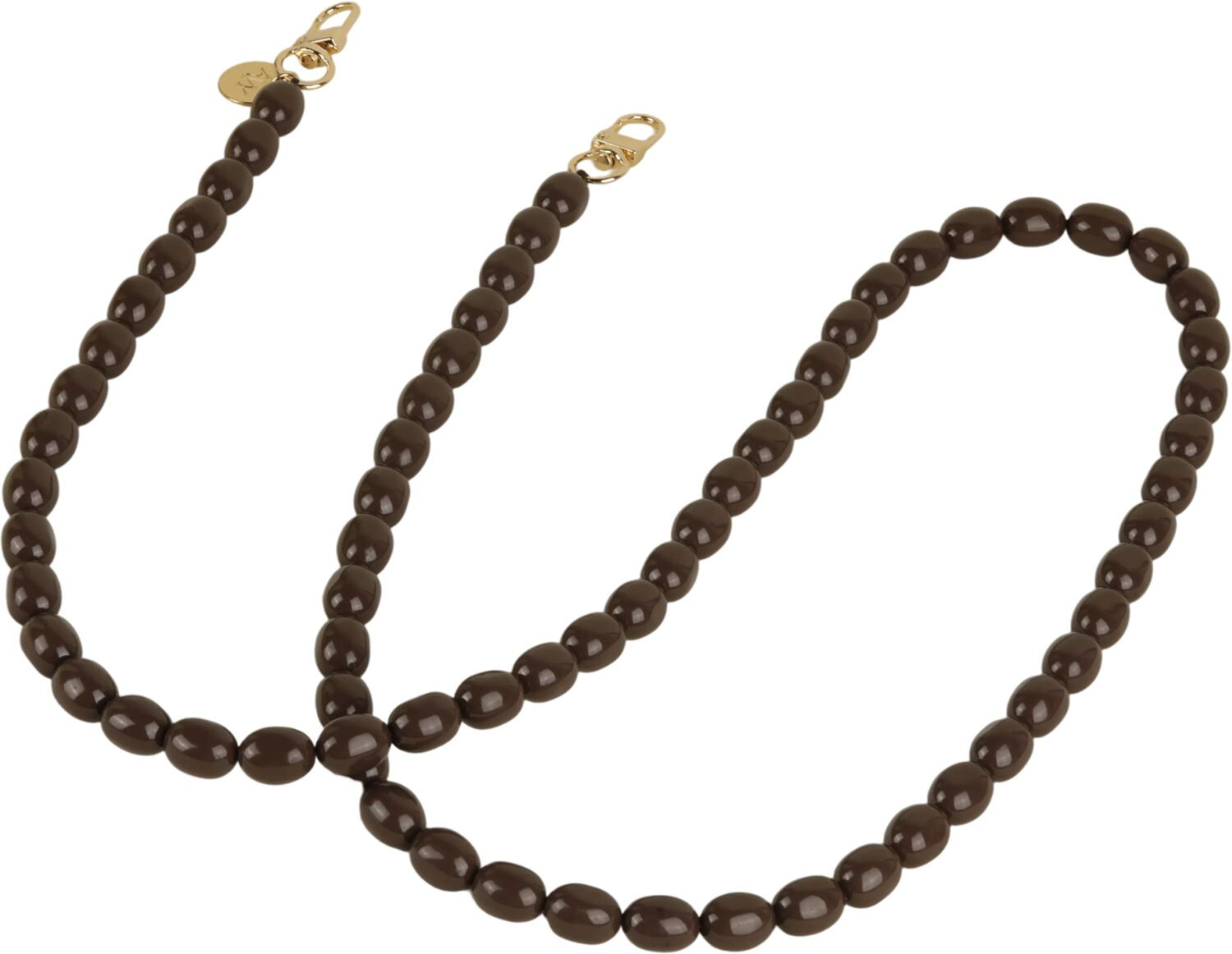Bruine kralenketting met gouden sluitingen, op witte achtergrond.