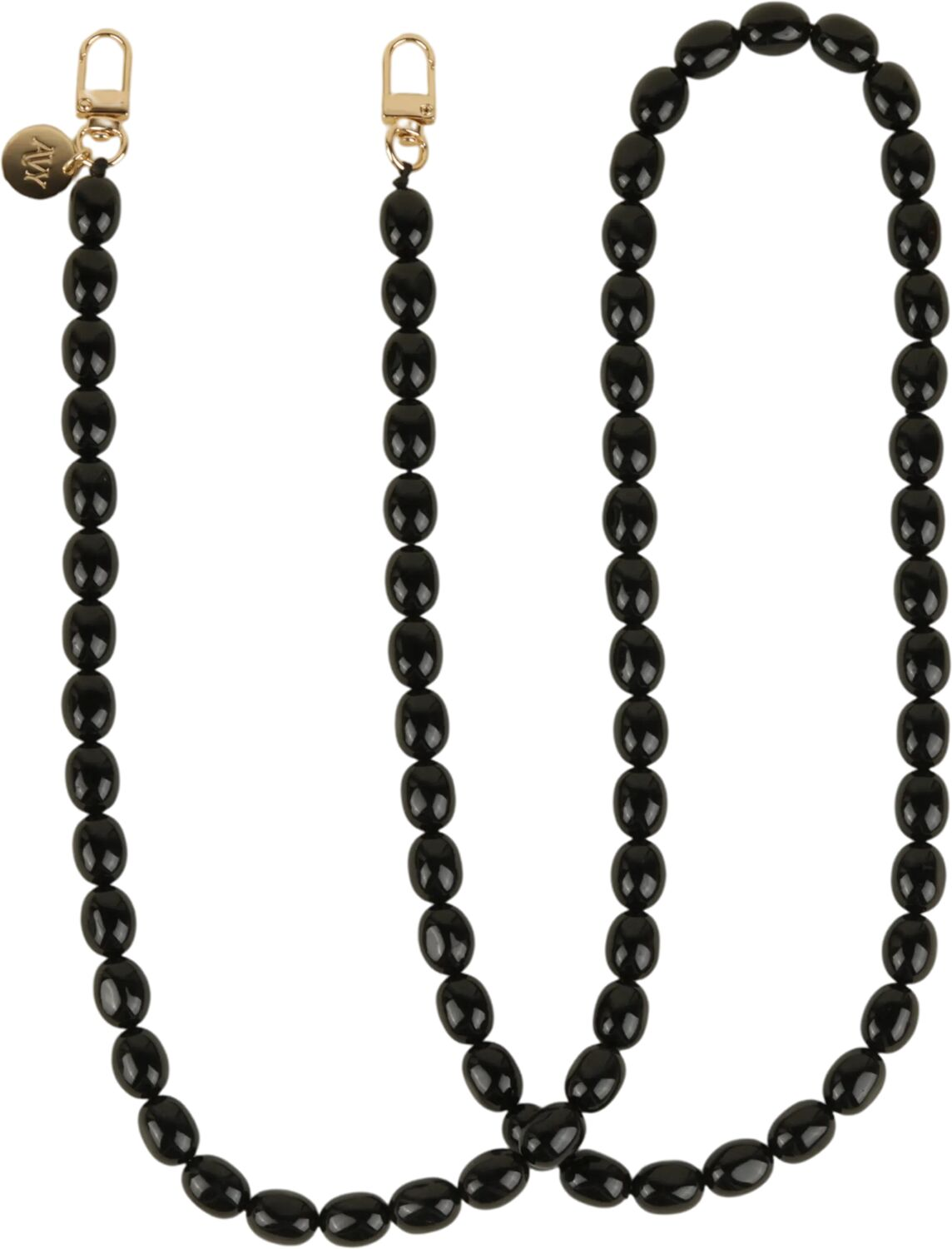 Zwarte kralenketting met gouden sluitingen en bedel.