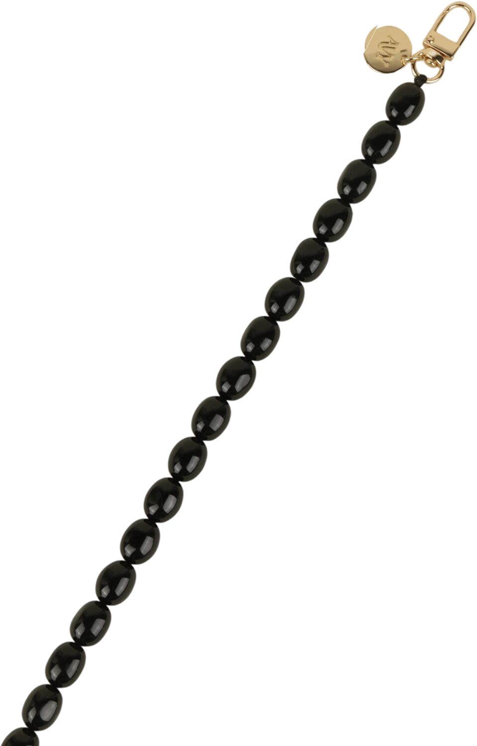Een ketting van zwarte ovale kralen met een gouden sluiting en een ronde bedel.