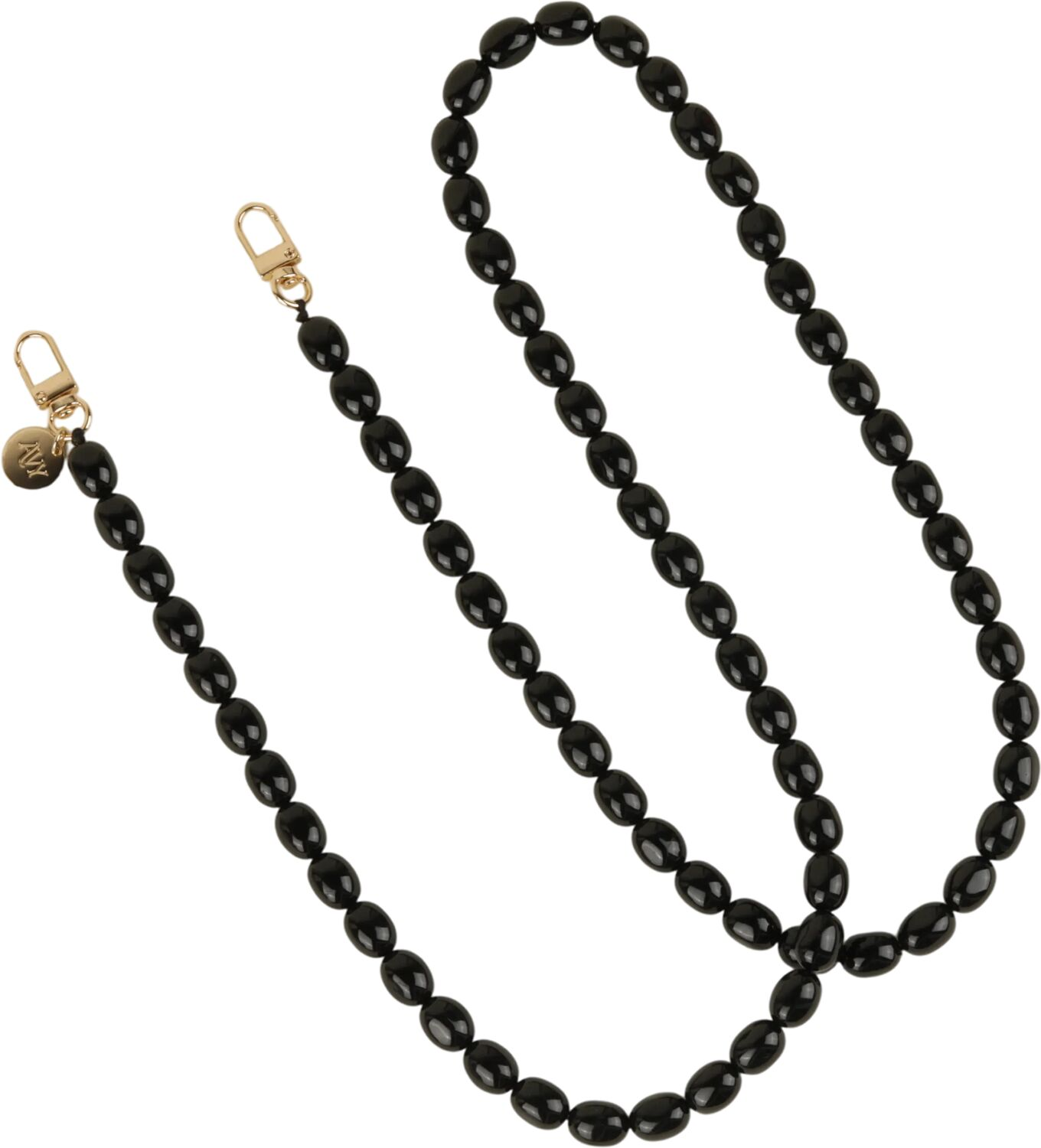 Zwarte kralenketting met gouden clips en een rond bedeltje.
