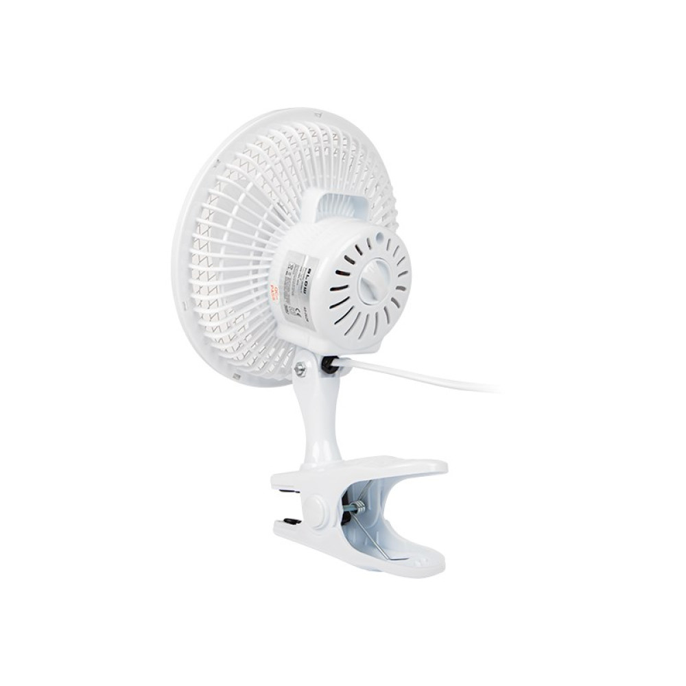 Un ventilatore bianco con clip, visto da dietro.