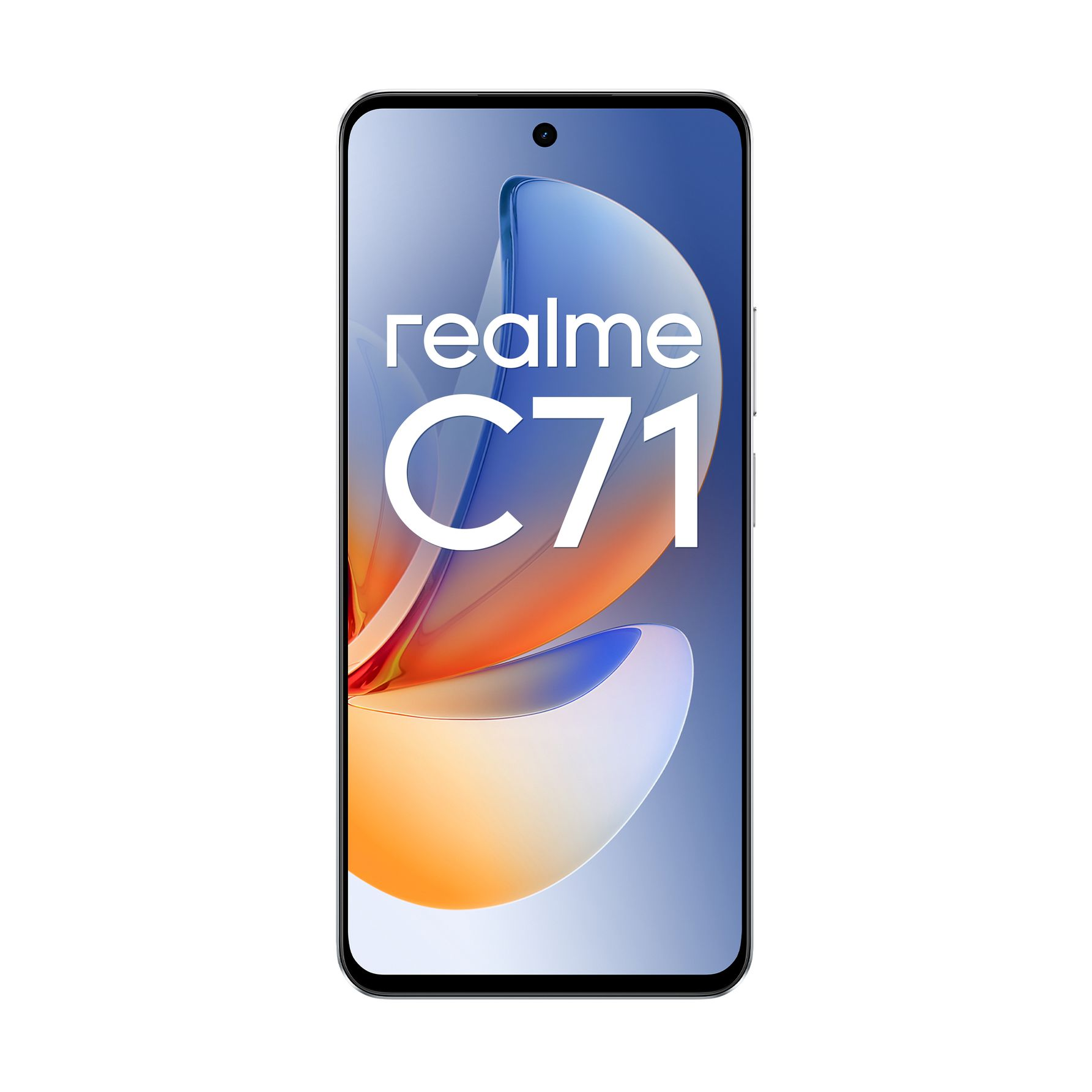 Ein Realme C71 Smartphone mit einem abstrakten, farbigen Hintergrund auf dem Bildschirm.