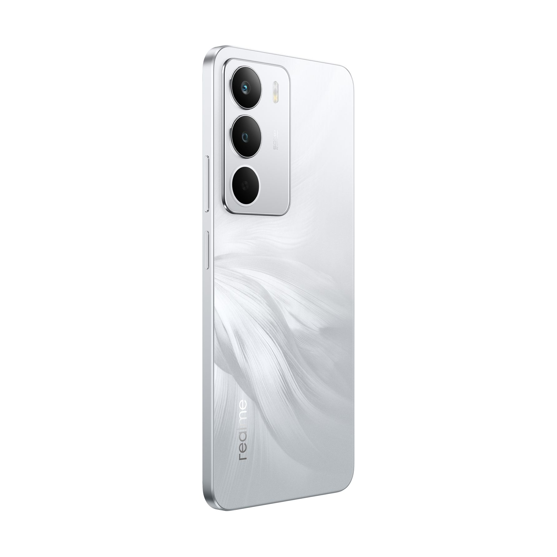 Ein weißes Smartphone mit drei Kameras auf der Rückseite und dem Realme-Logo.