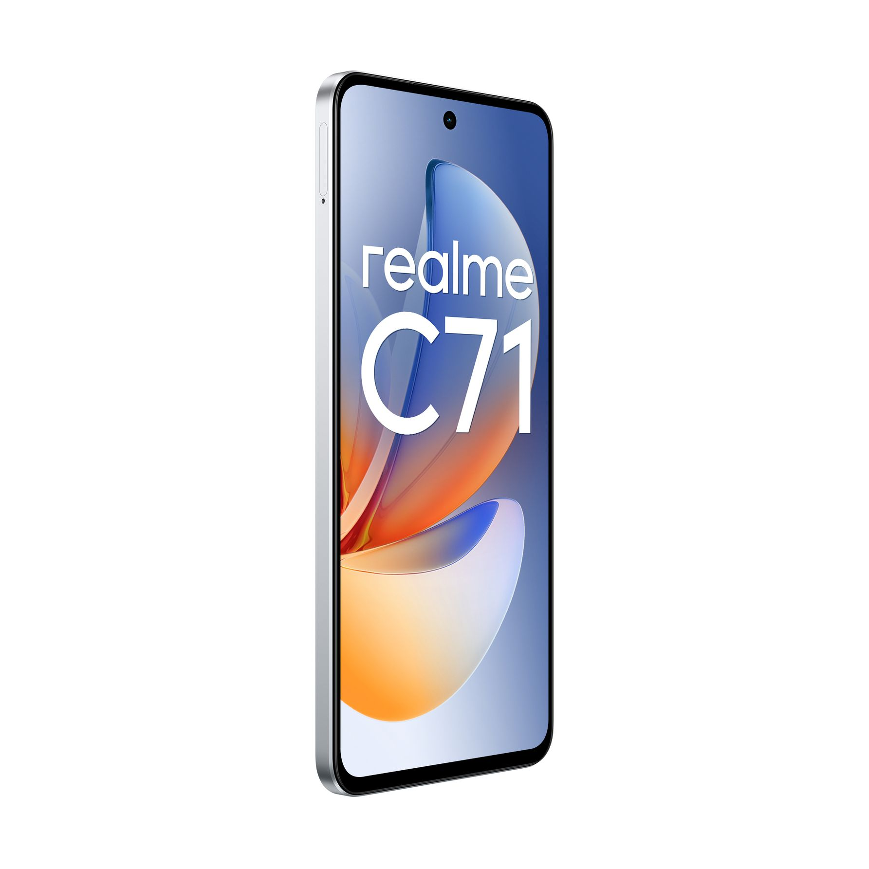 Silbernes Realme C71 Smartphone mit einem bunten Bildschirmhintergrund.