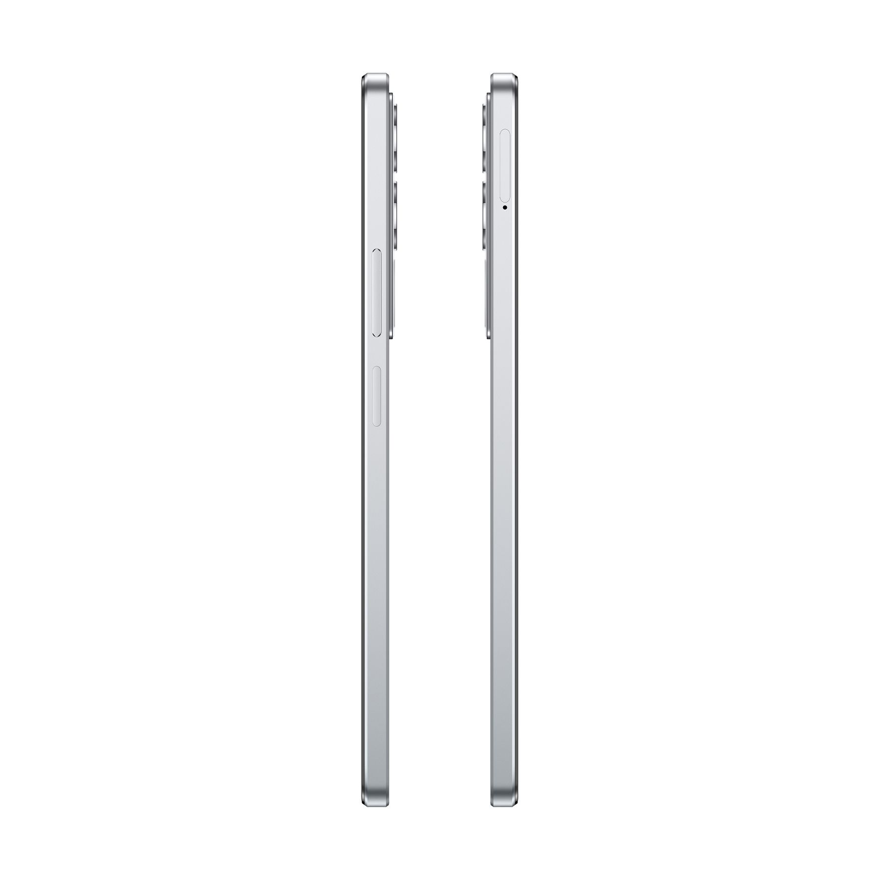 Zwei silberne Smartphones nebeneinander auf weißem Hintergrund.